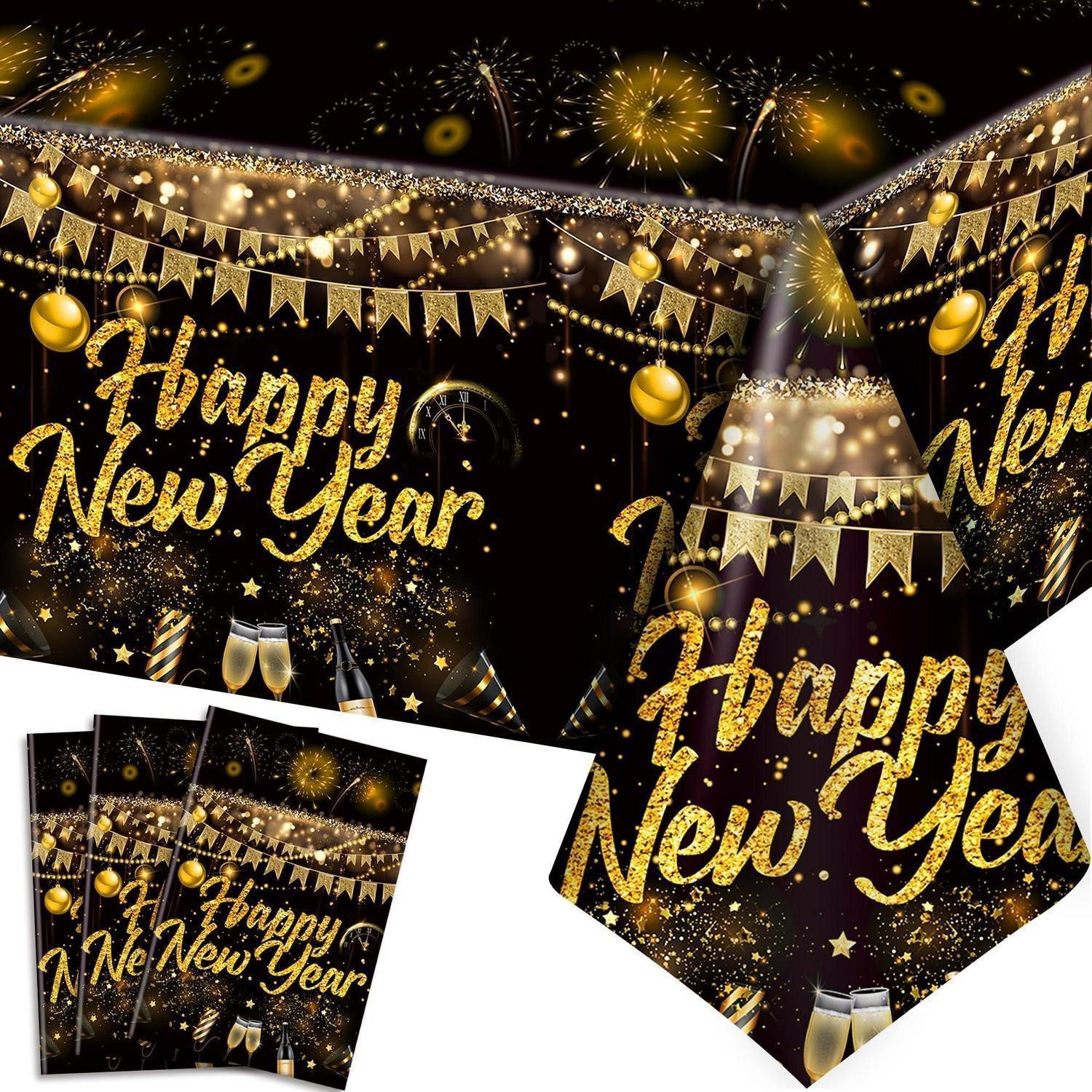 LuxusKollektion Tischdecke Tischdecke Silvester 2026 3er Set 108x54IN Schwarz Gold (3-tlg)