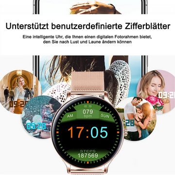 TPFNet SW17 mit Milanaise Armband für Damen - individuelles Display Smartwatch (Android), Armbanduhr mit Musiksteuerung, Herzfrequenz, Schrittzähler, Kalorien, Social Media etc., Blau
