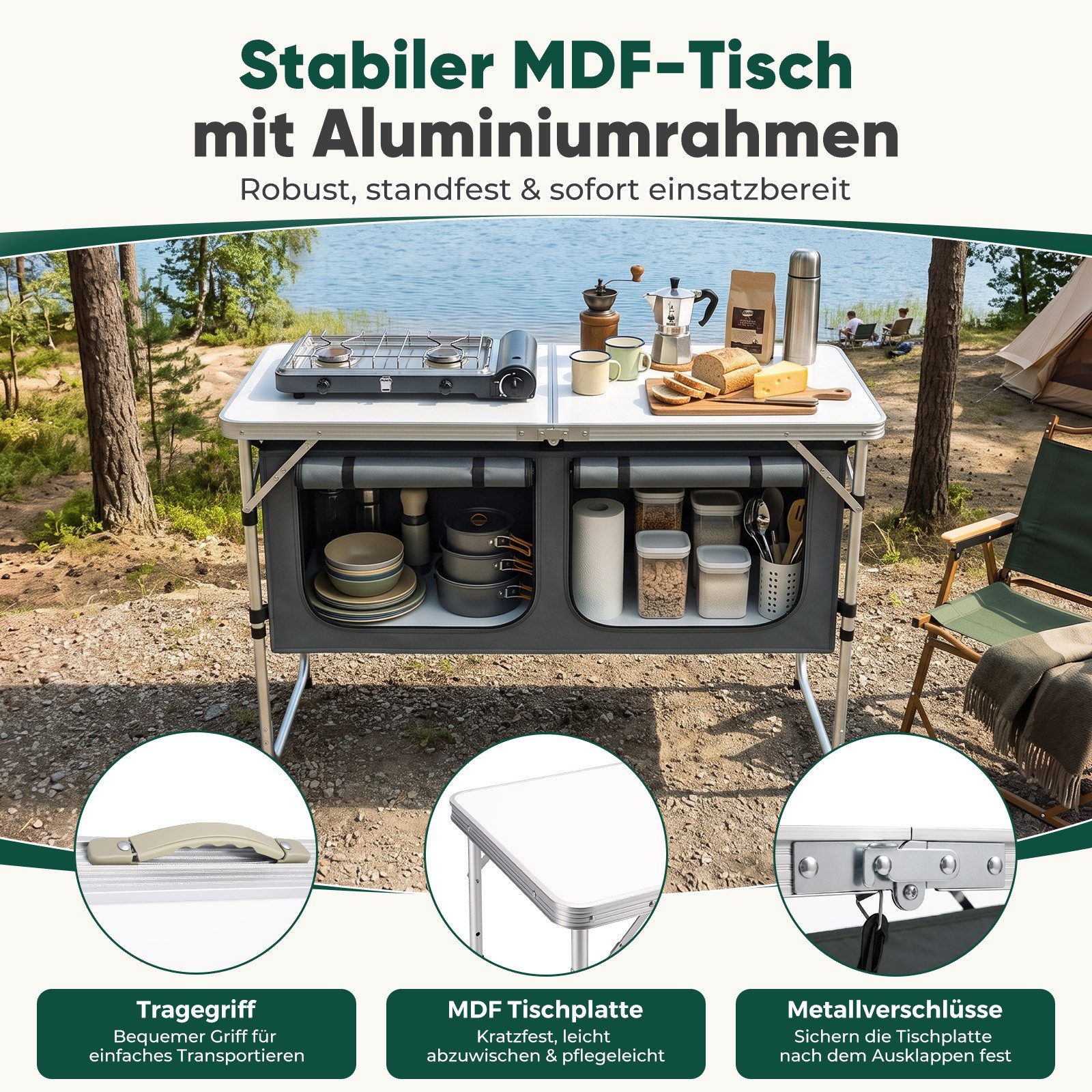 Sekey Campingtisch 120 cm Faltbar Campingtisch Höhenverstellbar Campingschrank Klappbar, Outdoor Campingküche mit Stauraum, inkl.Tragetasche 120 x 47 x 54–70cm – Bild 5 von 5