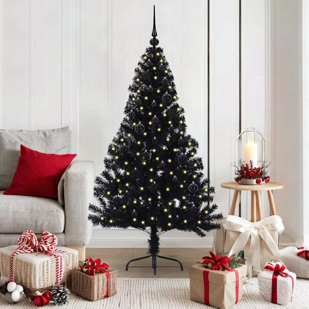 vidaXL Künstlicher Weihnachtsbaum Künstlicher vorbeleuchteter Weihnachtsbaum Schwarz 150 cm PVC