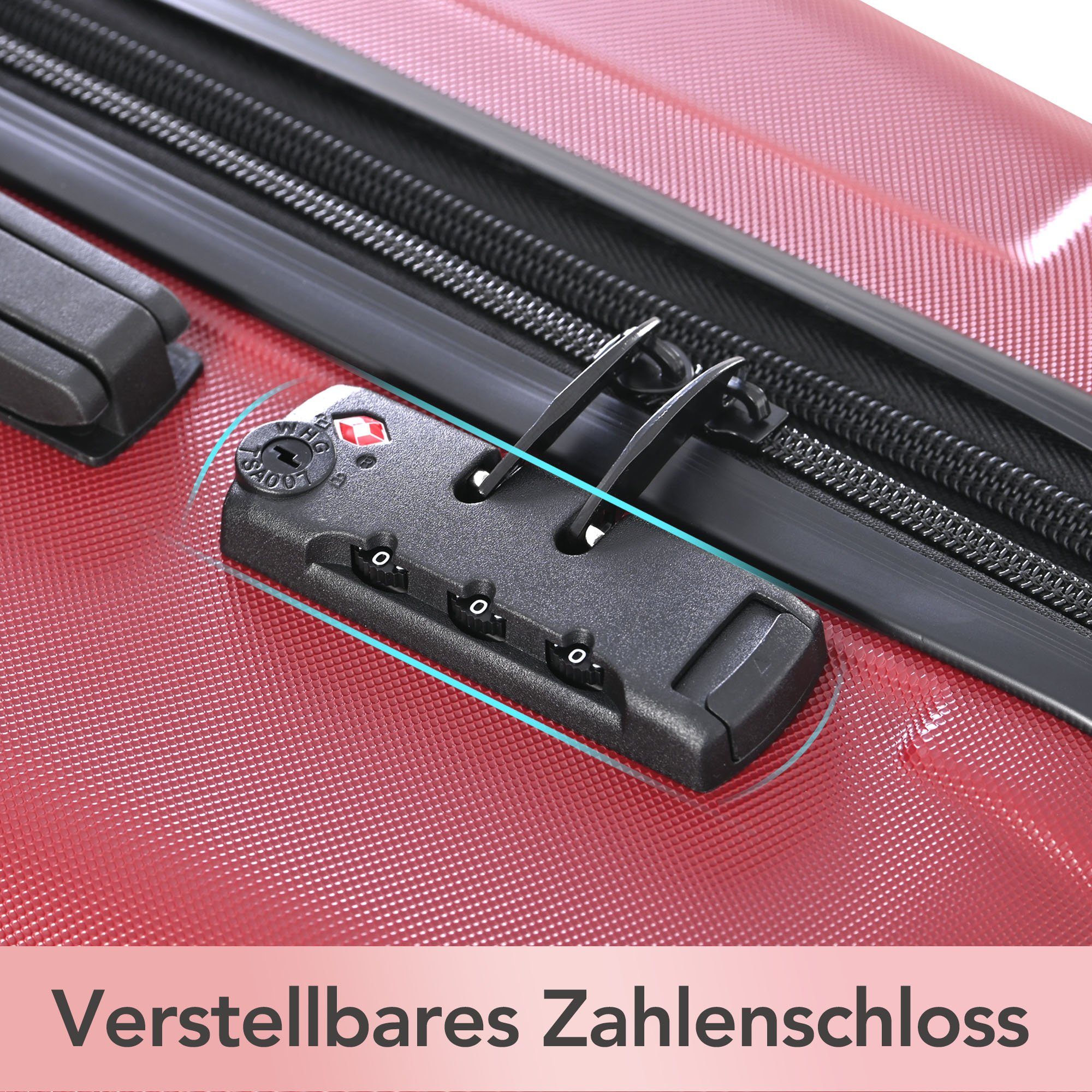 mit TSA-Schloss, Koffer-Set aus Ulife Rot Trolley ABS Rollen, 4 Hochwertiges 360°-Rollen 3-teiliges