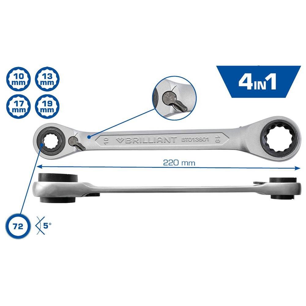 Brilliant Tools Ringschlüssel 4in1, Doppel-Ratschenringschlüssel, 10 x 13, 17 x 19 mm BT013901