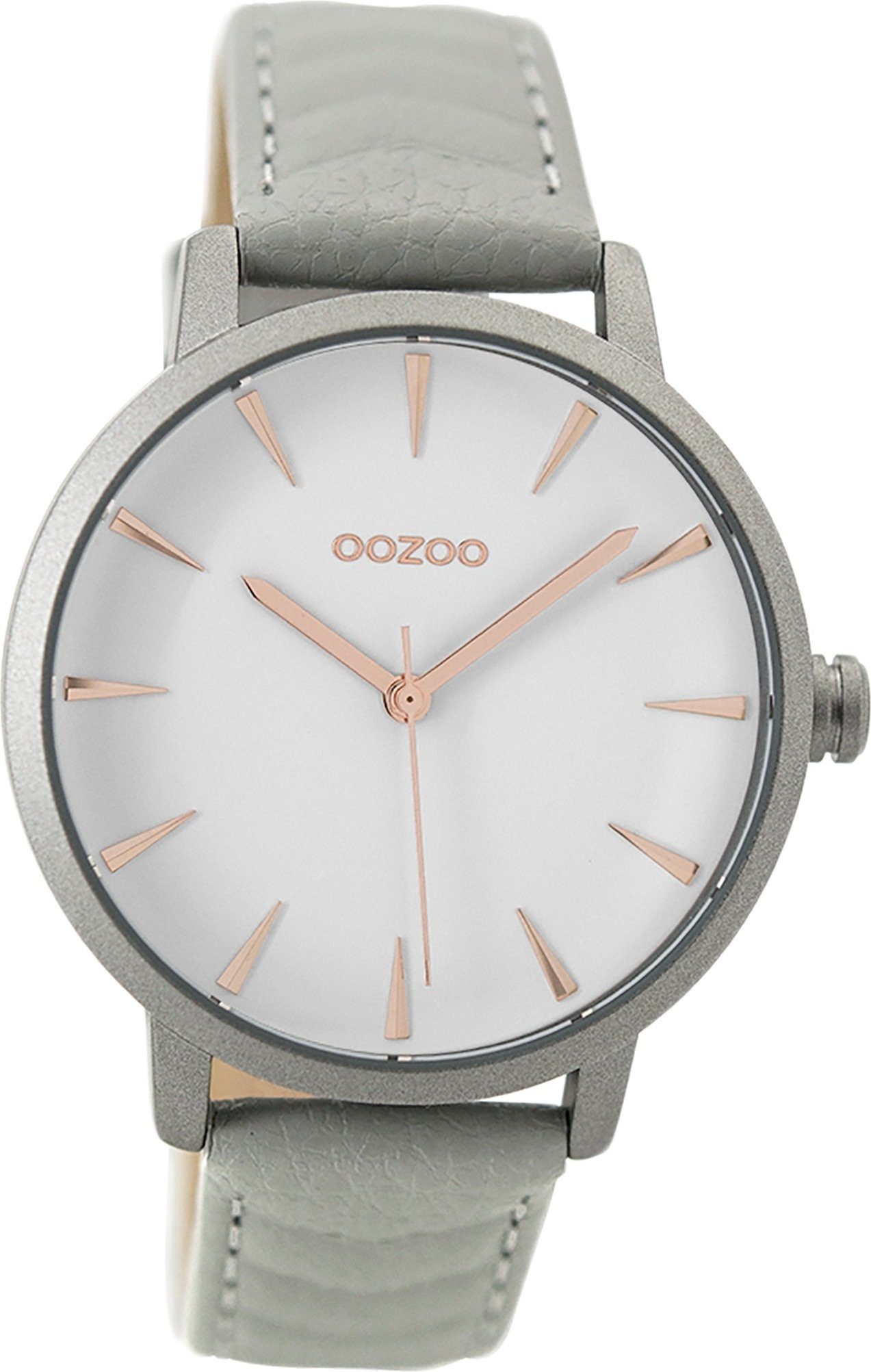 OOZOO Quarzuhr Oozoo Leder Damen Uhr C9506 Quarzuhr, Damenuhr Lederarmband grau, rundes Gehäuse, groß (ca. 40mm)