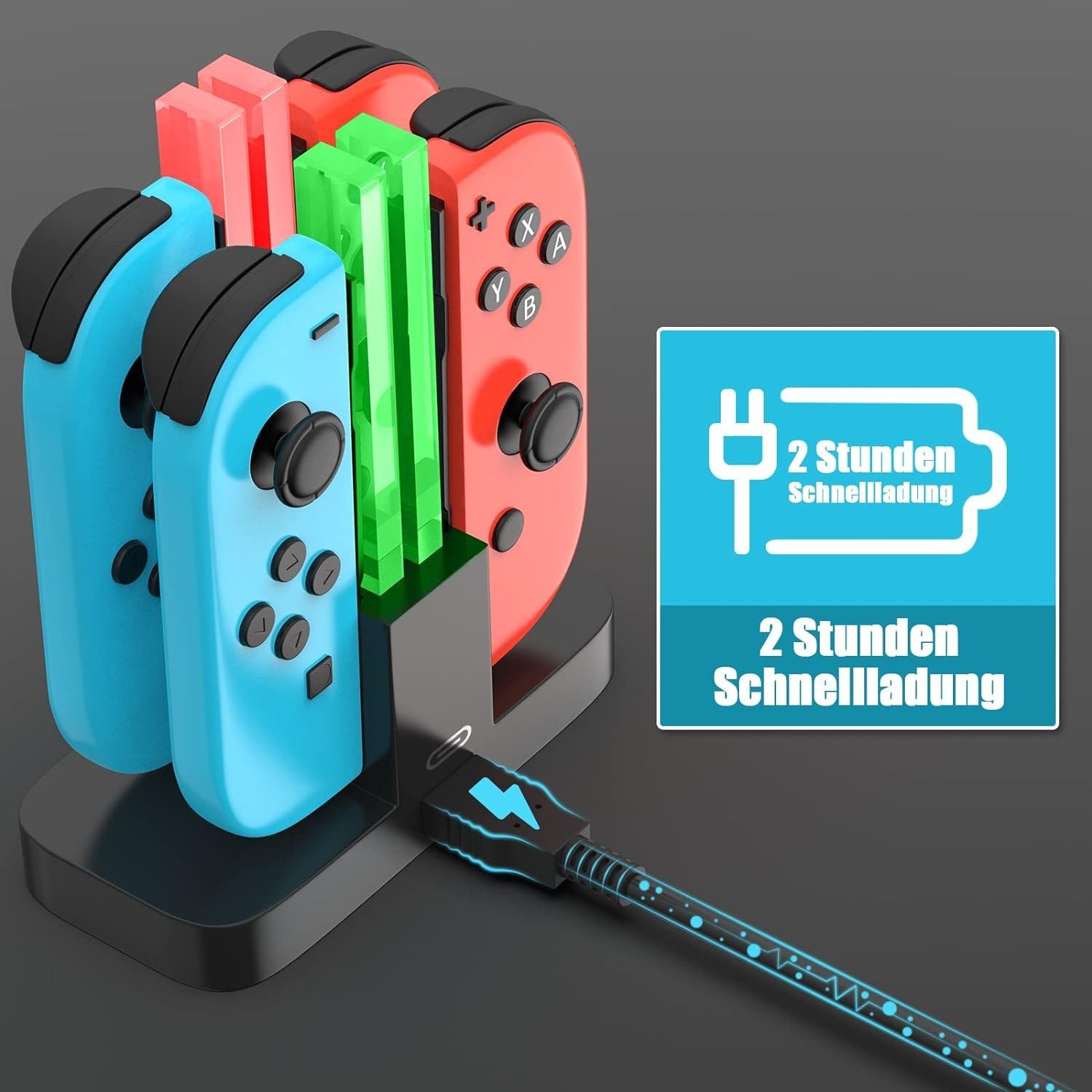 Toomoke Ladestation für Nintendo Switch 4 in 1 Joy-Con Controller Zubehör Nintendo (Controller-Ladestation, Joy-Con Ladegerät Typ-C Kabel, mit individueller LED – Bild 4 von 5