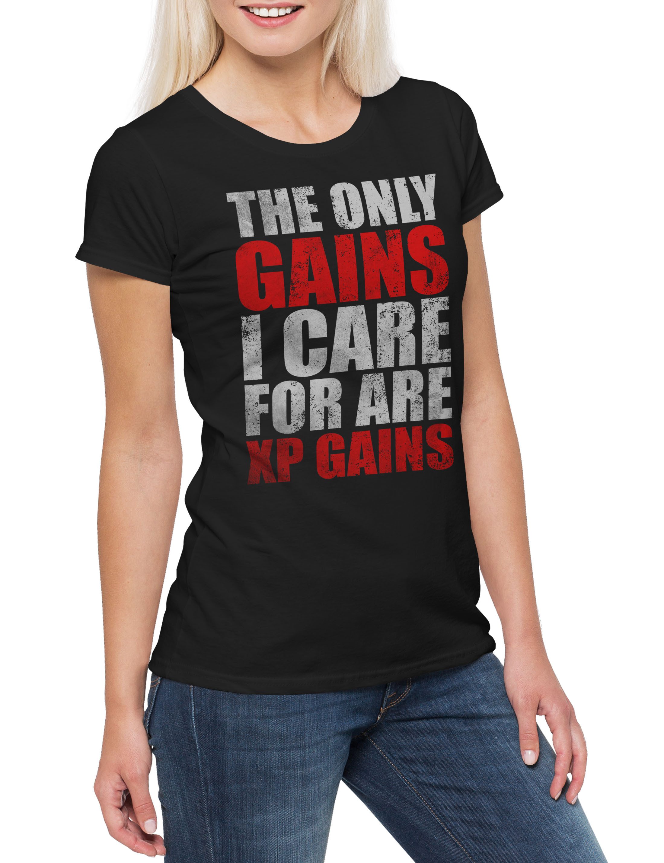 Urban Backwoods Print-Shirt The Only Gains I Care For Damen T-Shirt Are XP Gamer Games Gaming (1-tlg) Video PC RPG Roleplay