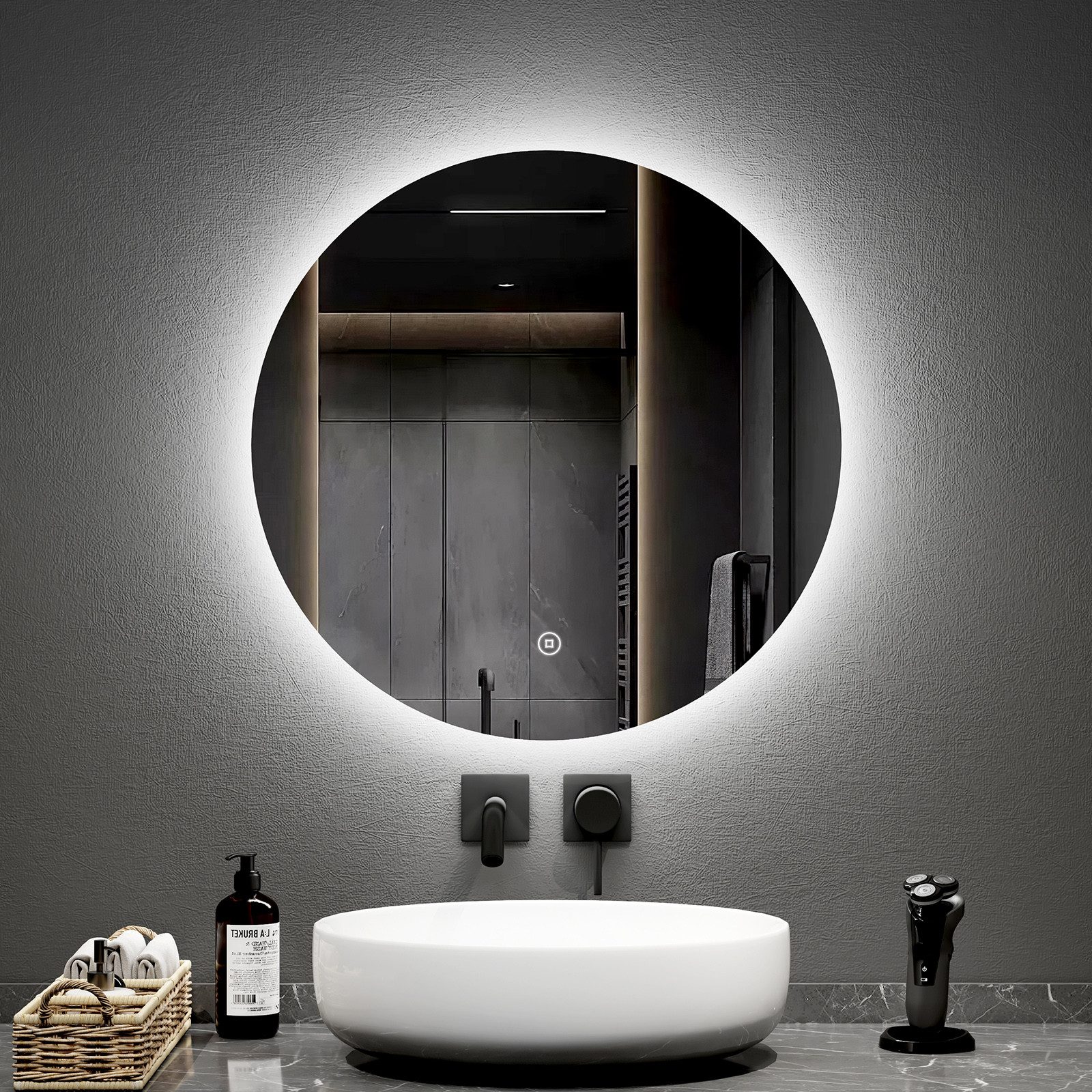 EMKE Badspiegel LED-Badspiegel rund, rahmenlos, dimmbar, 6500 K Kaltweiß, Touch, Memory, ohne Antibeschlag, IP44