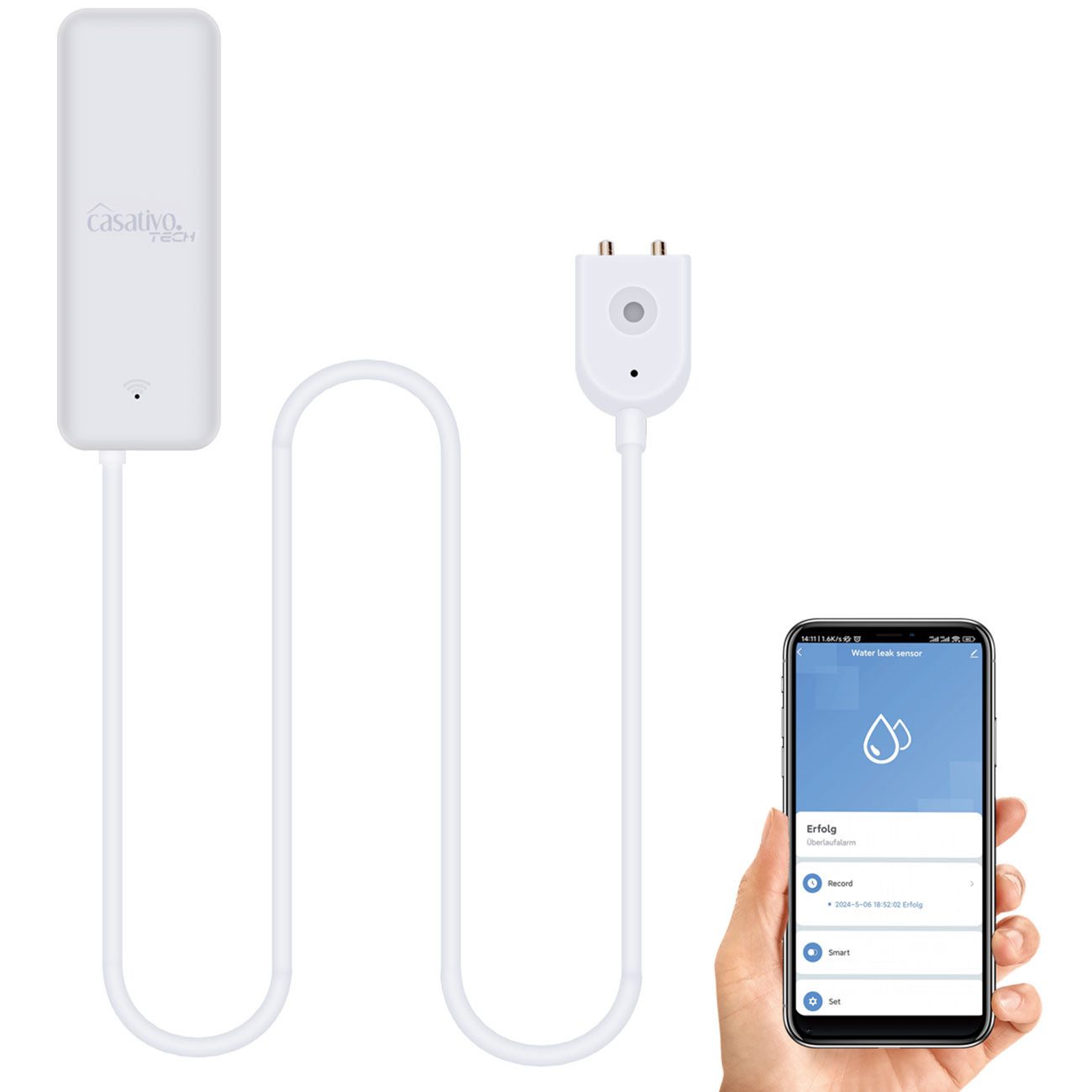 Casativo WLAN-Steckdose Smarter WLAN-Wassermelder Tuya & SmartLife App-Alarm externer Sensor, 1-St., 1er-Set & 2er-Set & 3er-Set, Externer Sensor, App-Alarm, WLAN-fähig, Batteriebetrieb