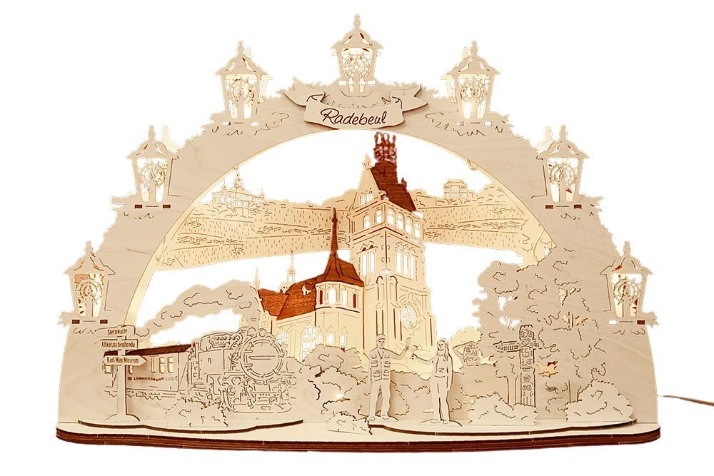 DeColibri LED Schwibbogen 3D LED Schwibbogen Dresden Radebeul Kirche- Sachsen - mit Netzkabel, Holzkunst aus Sachsen, beleuchtet