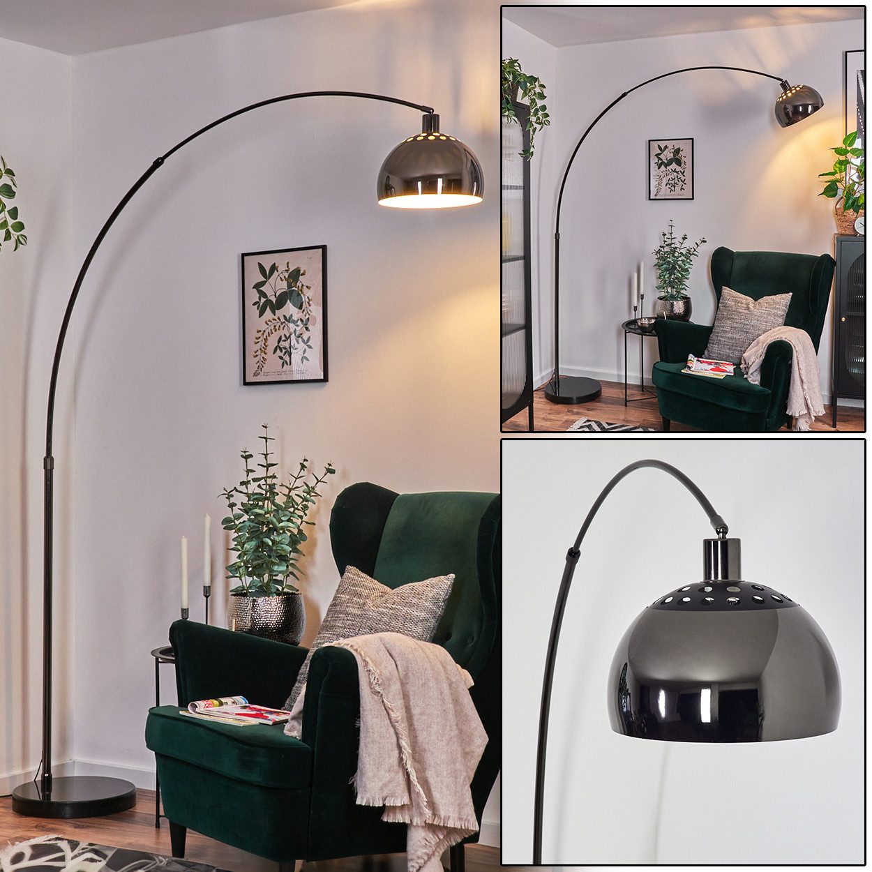 Bogenlampe Stehlampe aus Metall in Schwarz/Chrom/Weiß im Retro/Vintage-Design