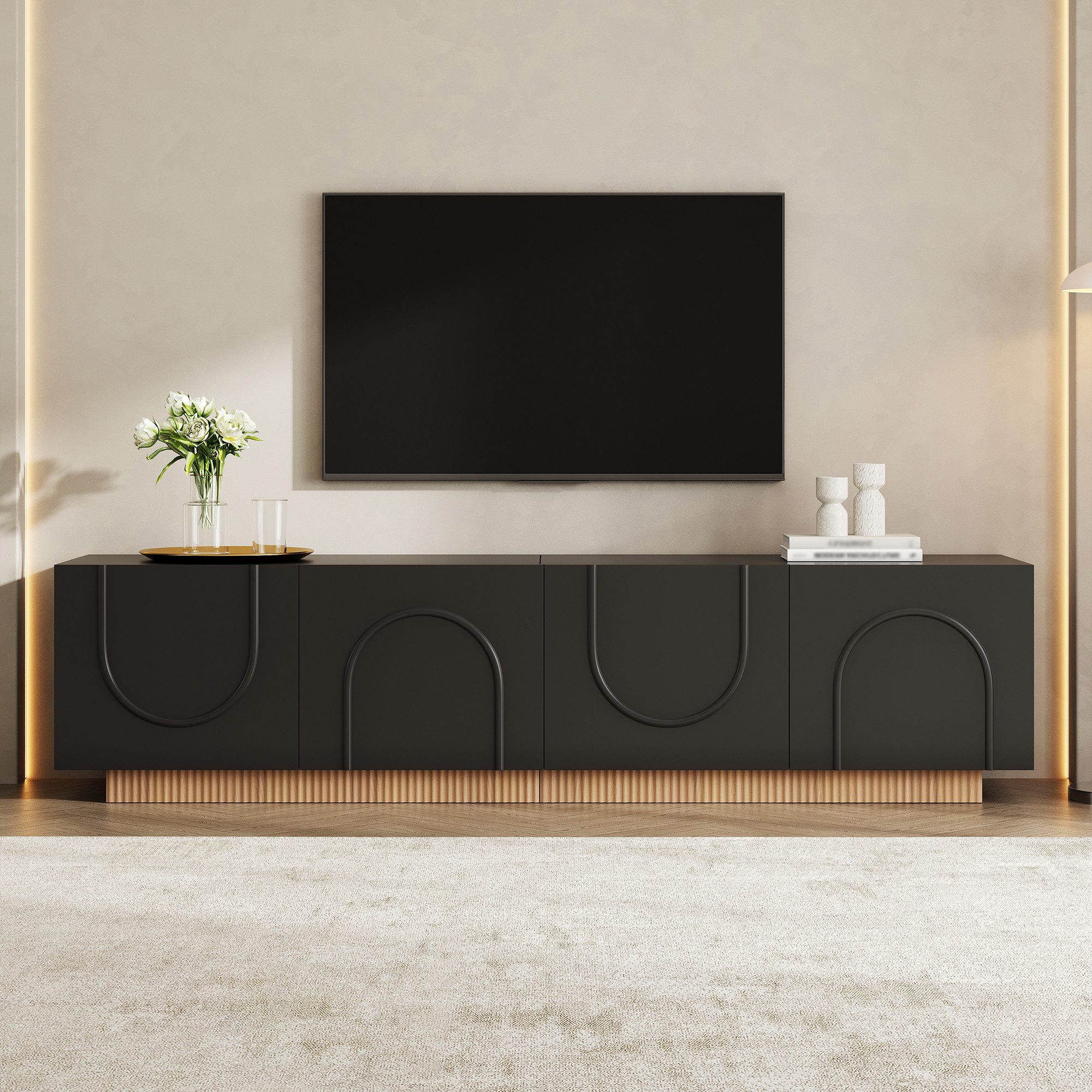 Merax Lowboard mit 4 Türen, Stauraum, Kabelöffnung & gedämpften Scharnieren (1 St), TV-Schrank Fernsehtisch mit Bogenfront Design, 170x38x42cm