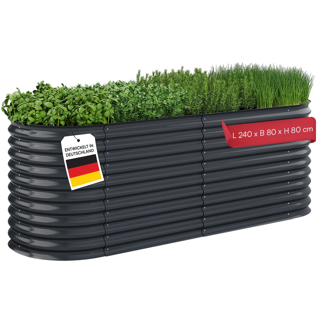 STEELSØN Hochbeet Hydra aus verzinktem Stahl-Wellblech (240 cm breit, Anthrazit), Gemüsebeet mit offener Bodenstruktur