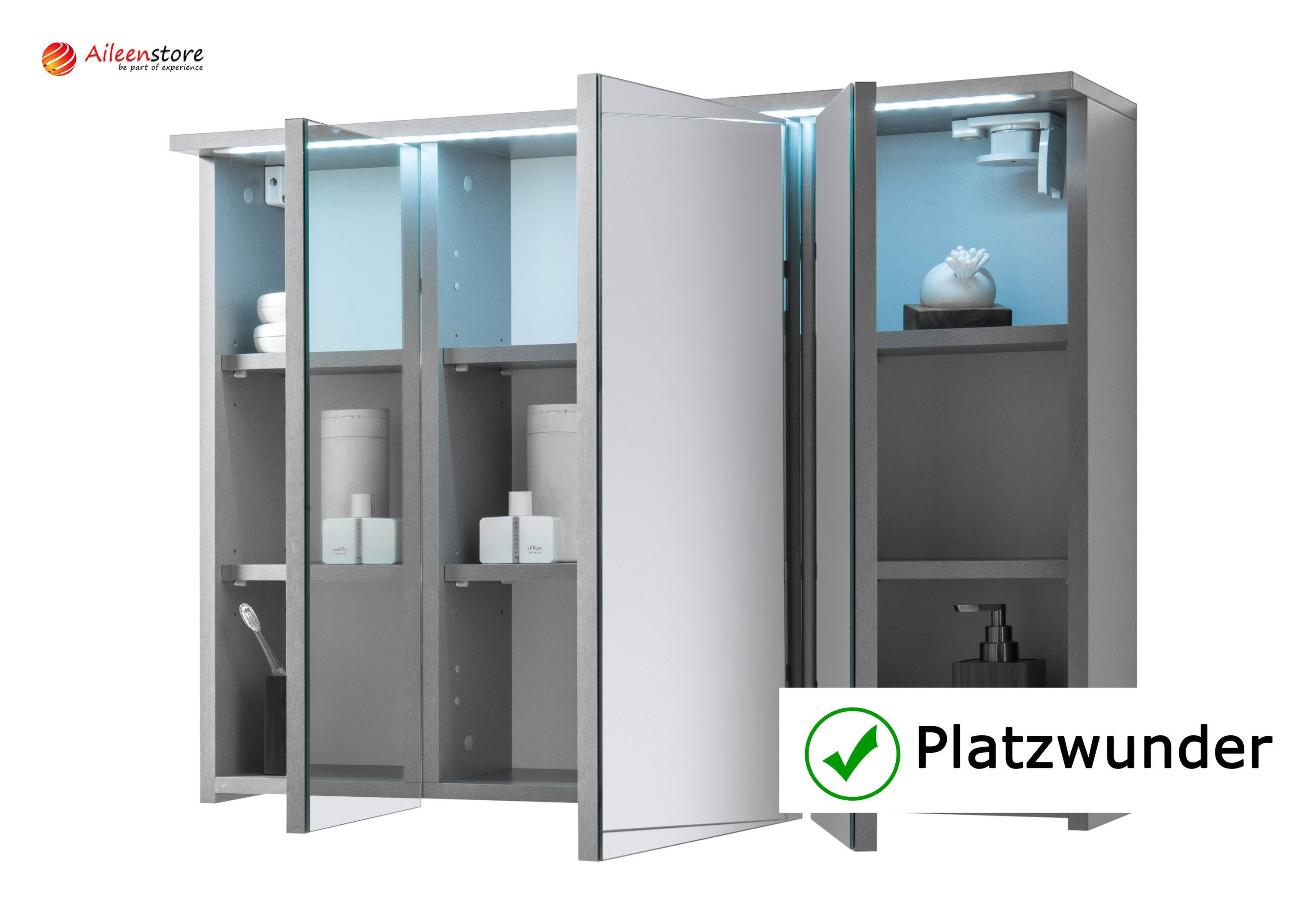 Aileenstore Spiegelschrank DUO Breite 100 cm, Schalter-/Steckdosenbox, LED-Beleuchtung