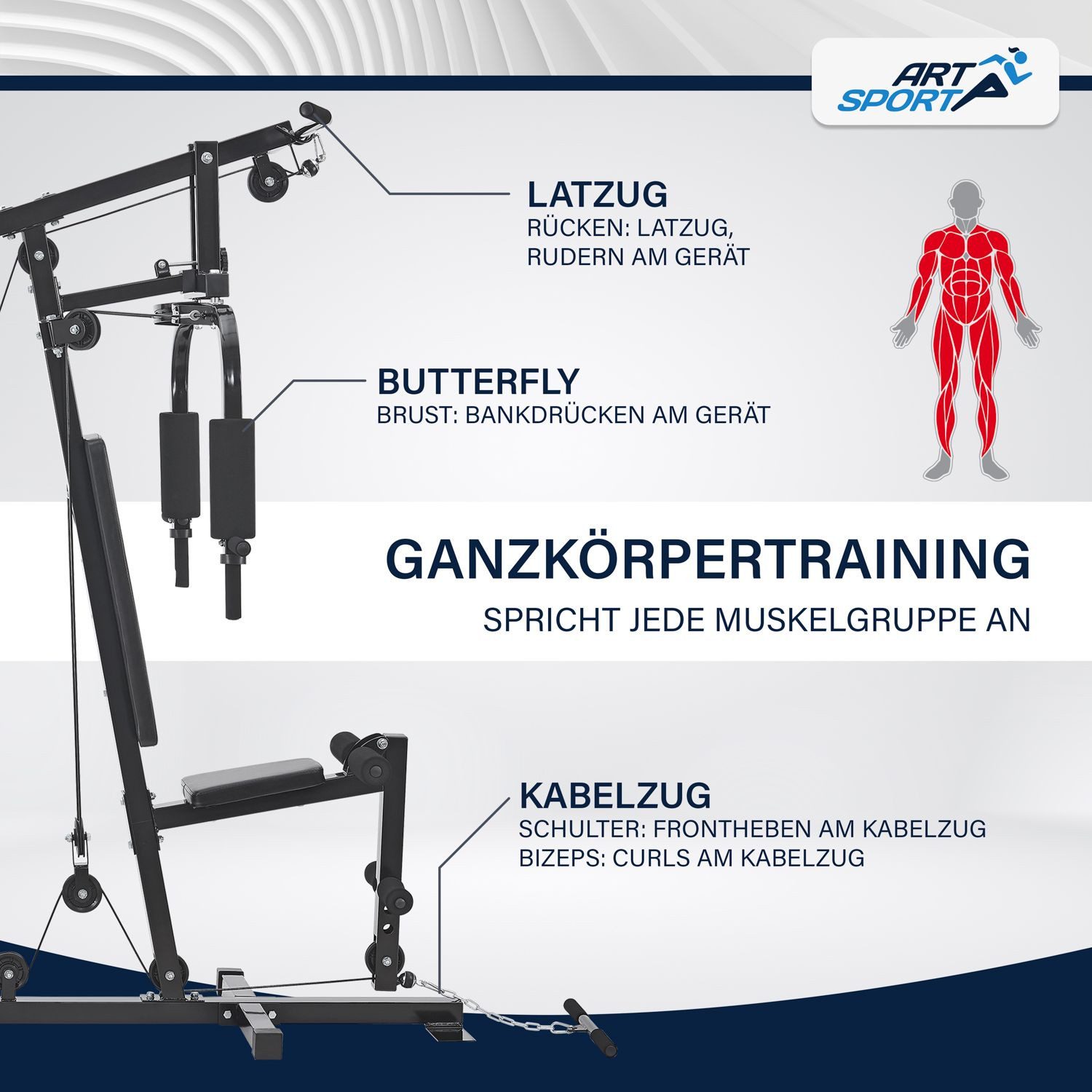 ArtSport Kraftstation ProfiGym 2000, 9 Gewichtsblöcke, insgesamt 40 kg, Butterflystange, Latzug, Bizepsseilzug und mehr