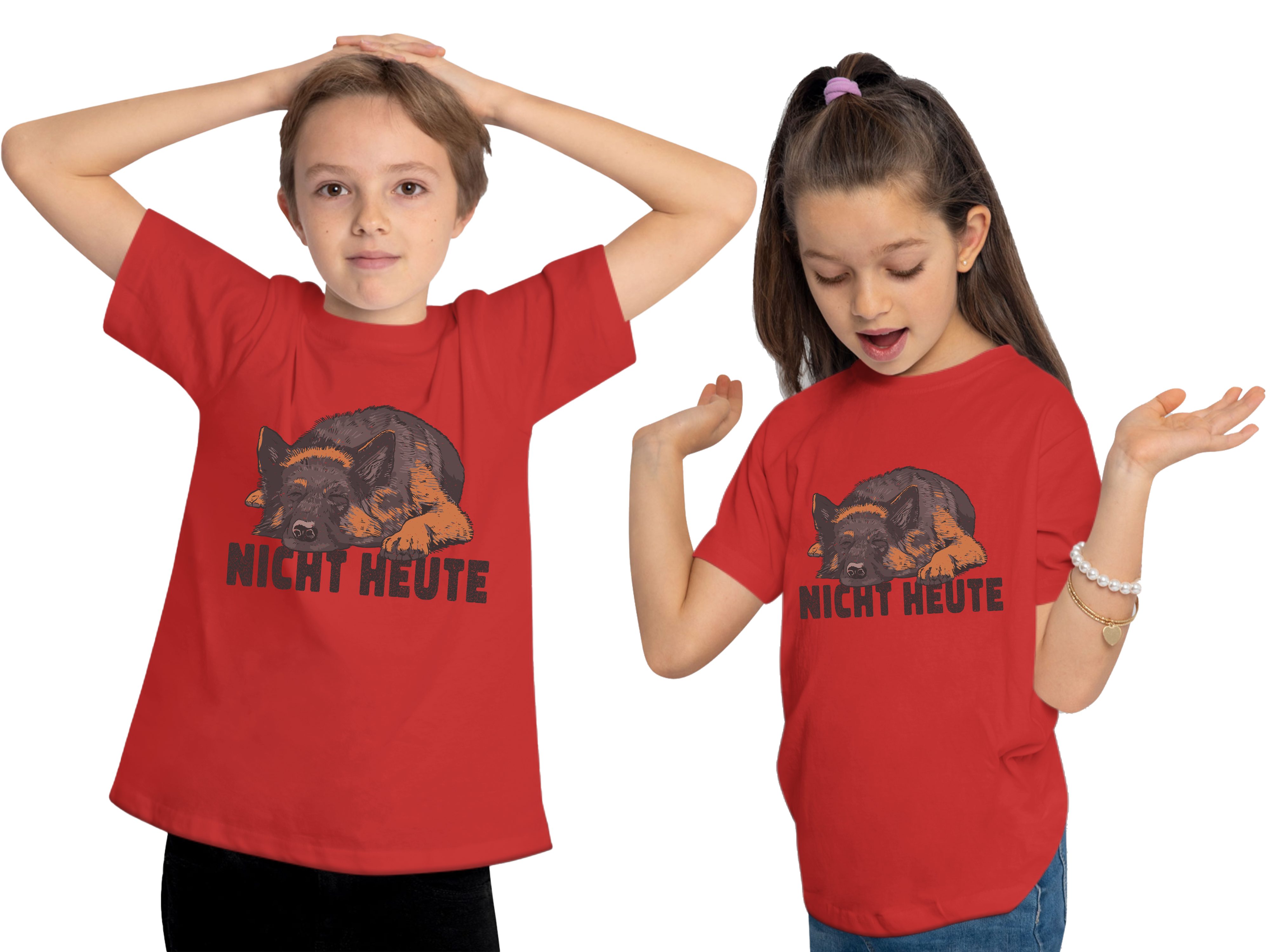 MyDesign24 Aufdruck, bedruckt rot mit i233 T-Shirt Kinder - Baumwollshirt Schäferhund Print-Shirt Schlafender Hunde