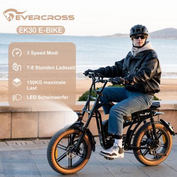 EVERCROSS TECH E-Bike EK30 20” x 4,0 fette Reifen MTB, 48V 15AH Removable Battery, 7 Gang, Heckmotor, bis 55-80km, 7 Gang Shimano, Kettenschaltung, Heckmotor