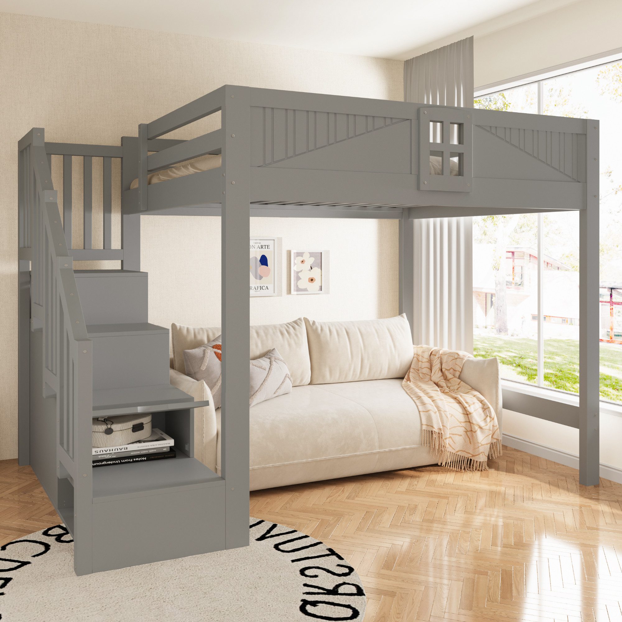 Celya Hochbett Massivholz Multifunktionsbett 140 x 200 cm mit Stauraum (ohne Matratze, Mit Einzigartigem Sicherheitsgitter Mit Fenster) Beidseitig Austauschbare – Bild 5 von 5
