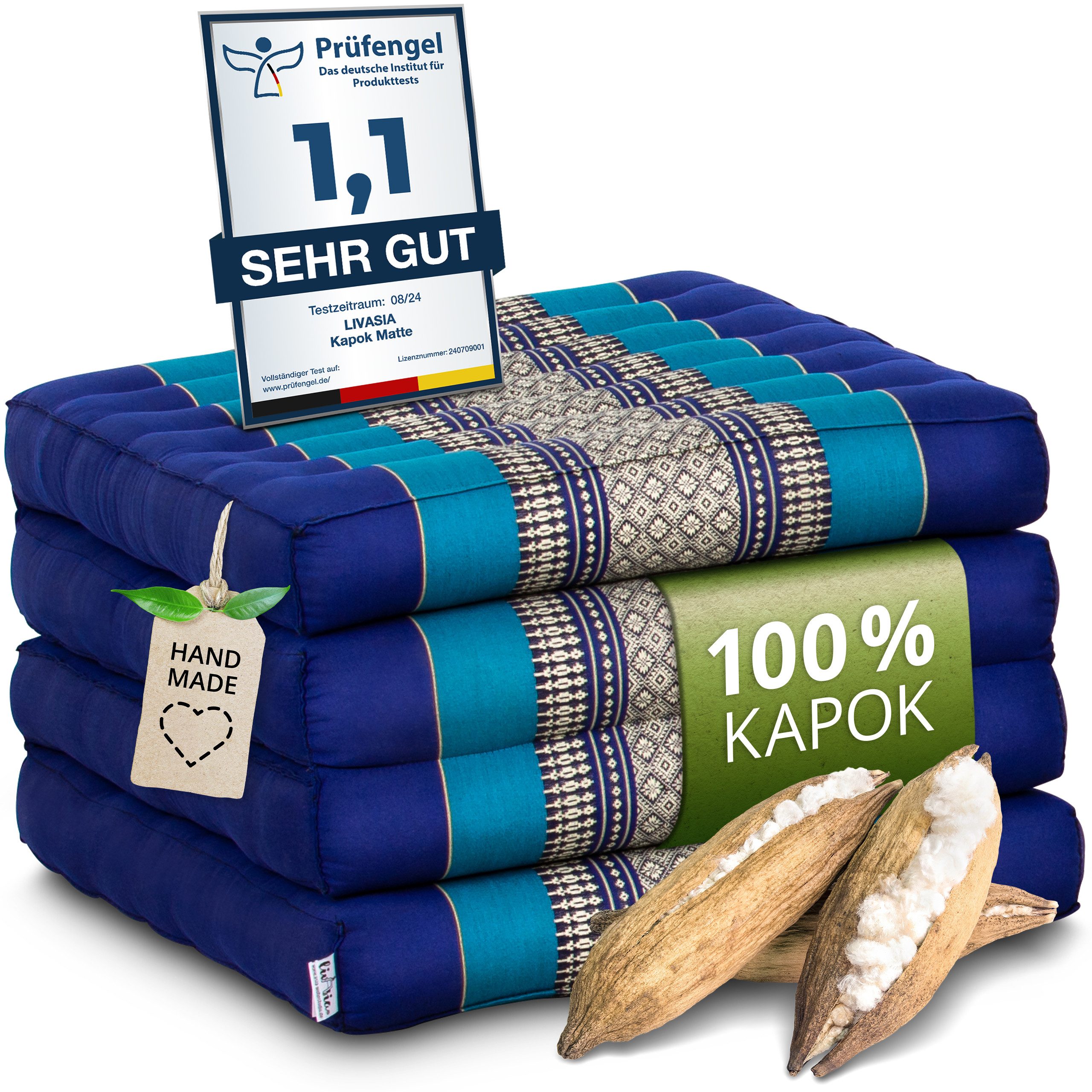 Klappmatratze 50 cm breit (Classic) - 200x50x8cm - Faltmatratze, livasia, 8 cm hoch, Kapok, vegan, handgefertigt