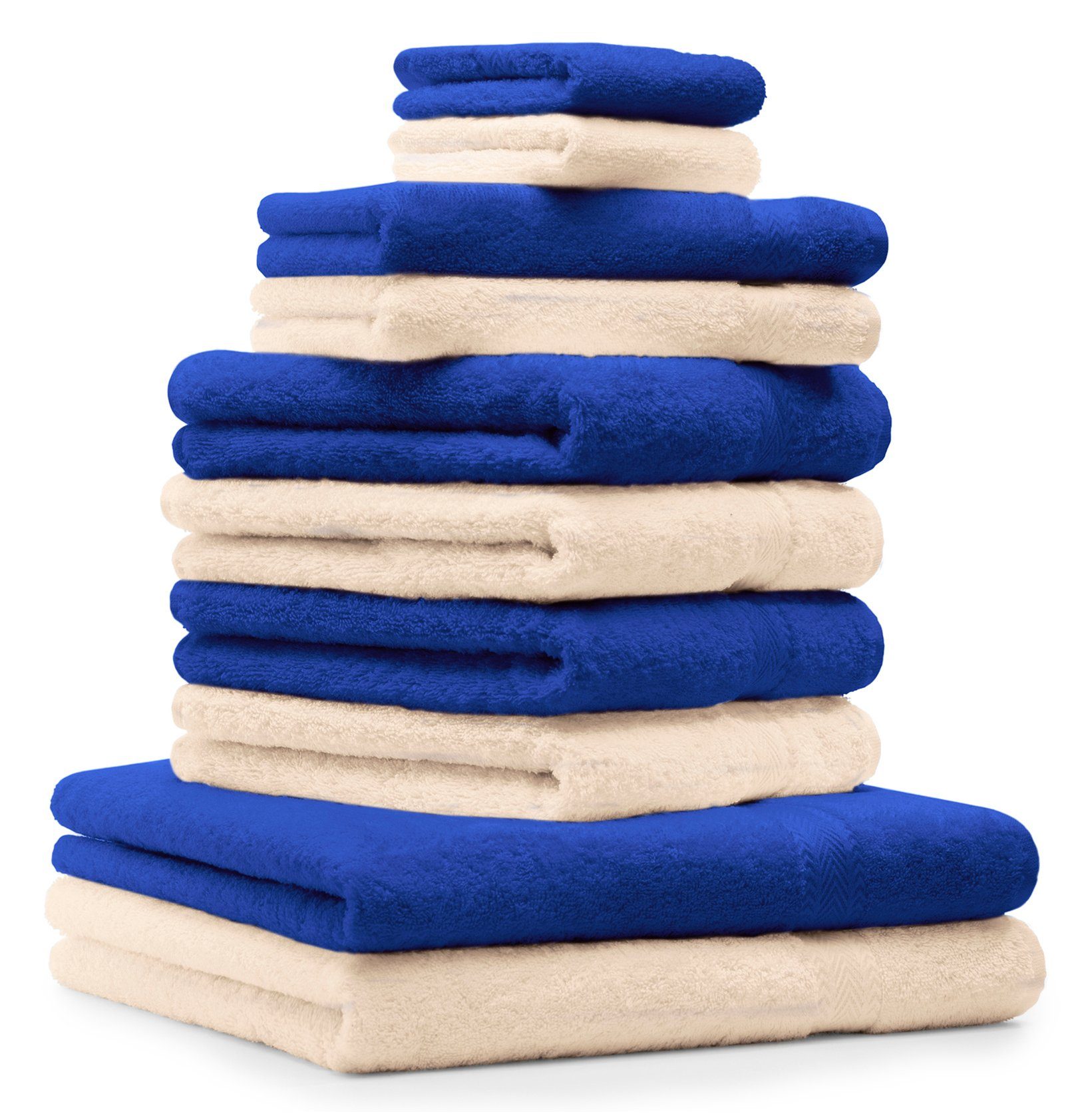 Betz Handtuch Set 10-TLG. Handtuch-Set Premium 100% Baumwolle 2 Duschtücher 4 Handtücher 2 Gästetücher 2 Waschhandschuhe Farbe Royal Blau & Beige, 100% Baumwolle, (10-tlg)