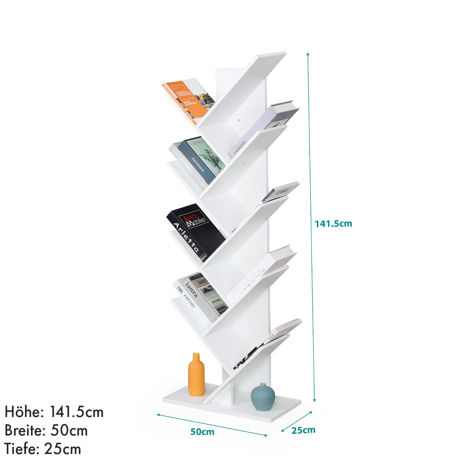 Floordirekt Bücherregal Louisiana, Baumförmiges Standregal aus Holz, mit Kippsicherung, 9 Etagen 1-tlg., 50 x 25 x 141,5 cm für Bücher, Zeitschriften, CDs, Videospiele & Deko