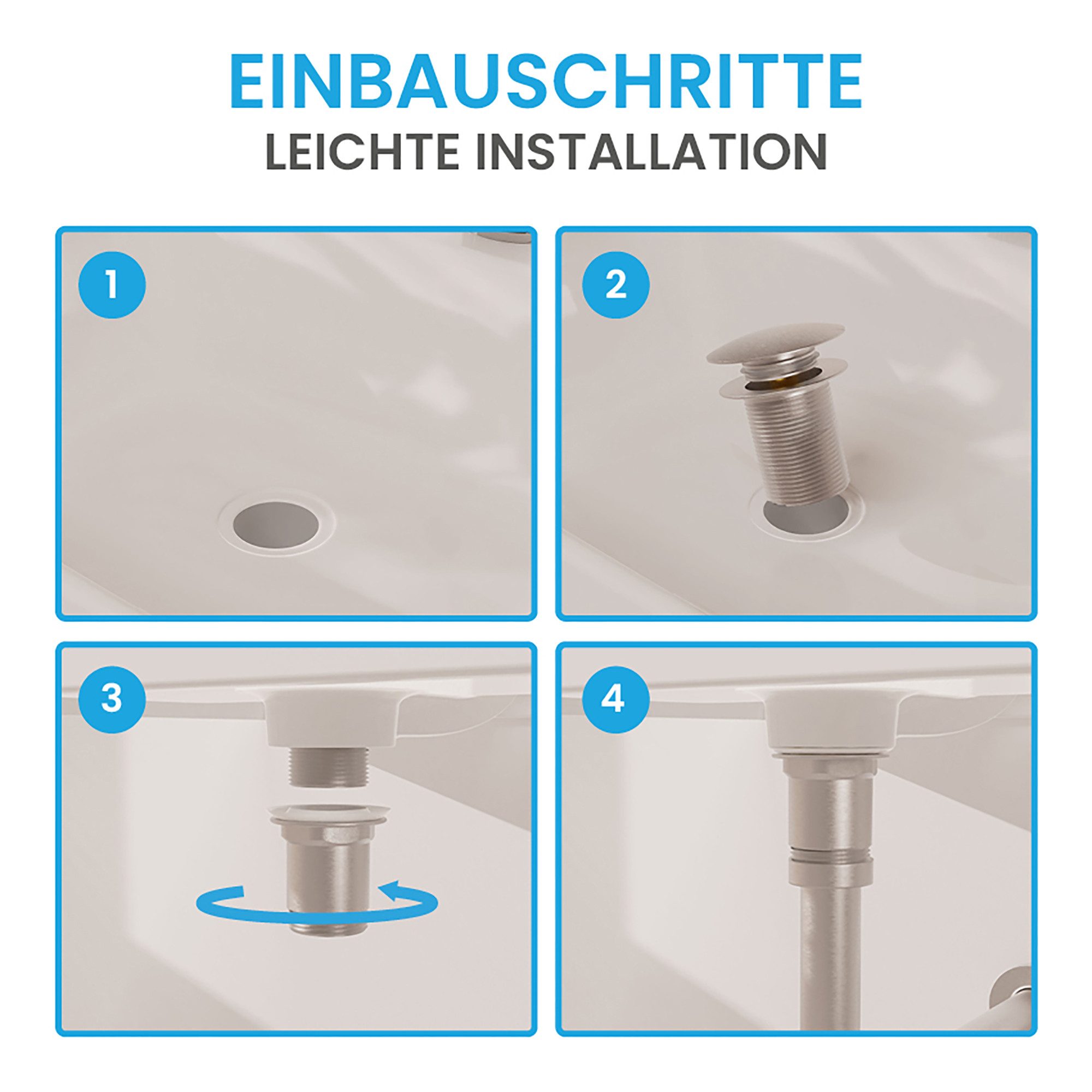 Bächlein Ablaufgarnitur Waschbeckenabfluss Pop Up (Waschbeckenstöpsel mit Überlauf) Werkzeugloser Einbau - Click Clack Funktion – Bild 4 von 5