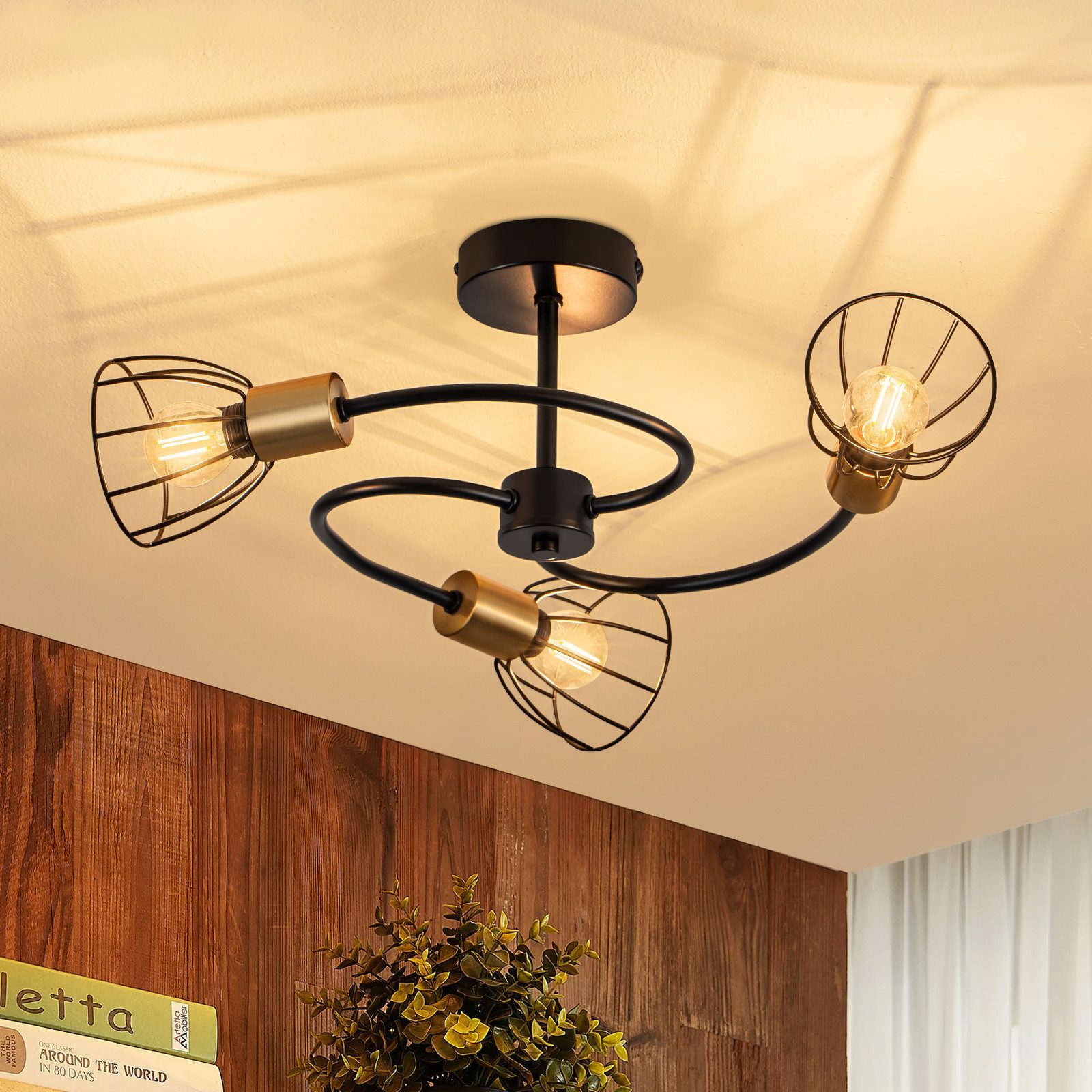 ZMH Deckenleuchte Schwarz Deckenlampe Vintage aus Metall Wohnzimmer 3 Flammig E14, ohne Leuchtmittel