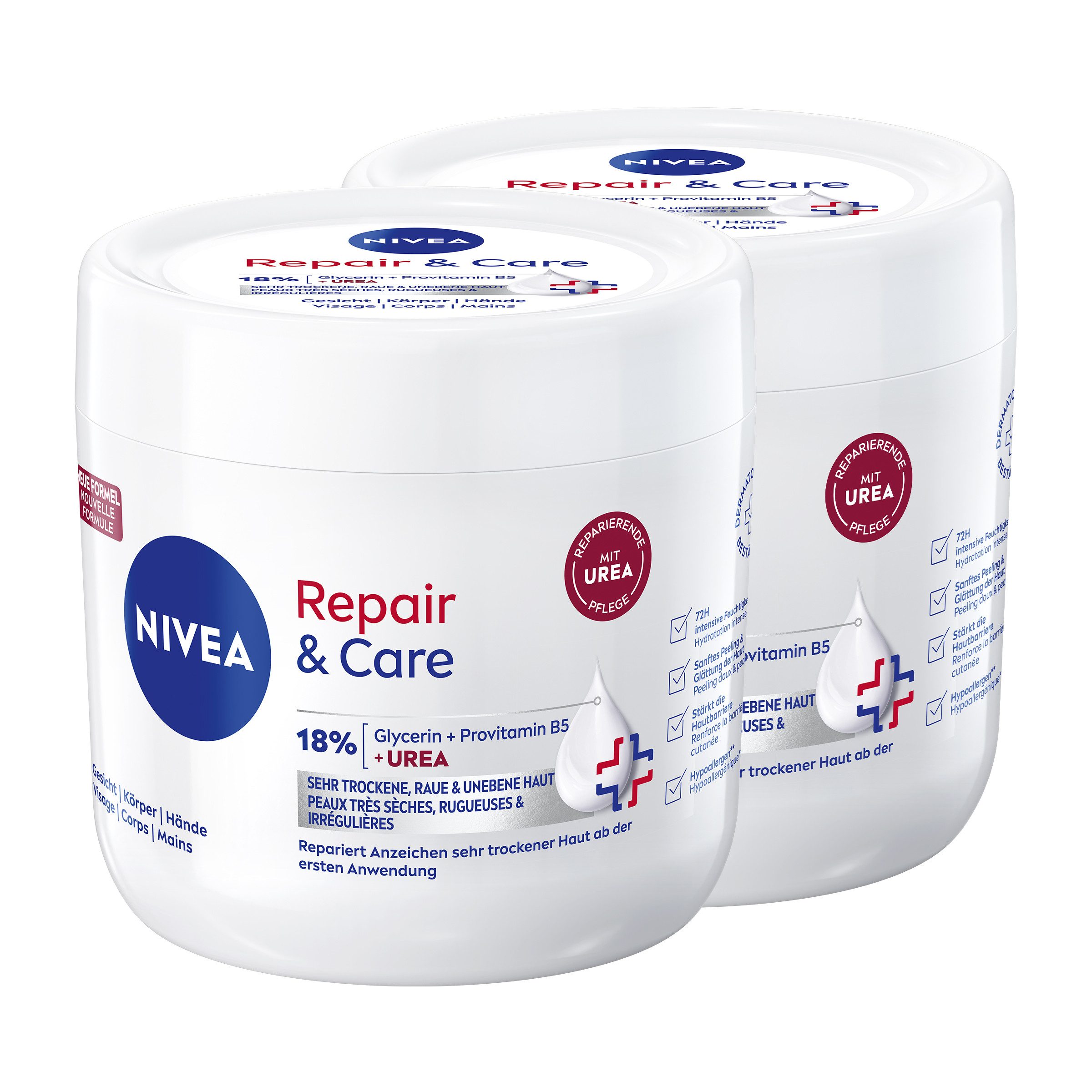 Nivea Feuchtigkeitscreme Repair & Care Creme-Tiegel Urea 2 x 400ml Packung, 2-tlg., Komplex aus 18% Urea, Provitamin B5 und Glycerin