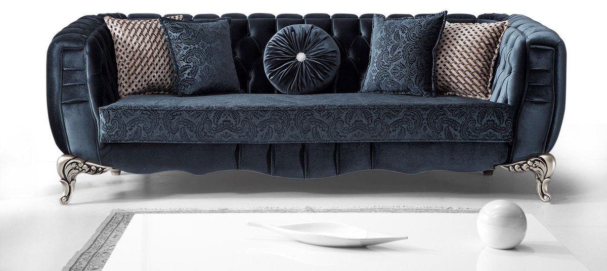 Casa Padrino Sofa Luxus Barock Sofa Blau / Silber 235 x 103 x H. 82 cm - Barockstil Wohnzimmer Sofa mit dekorativen Kissen - Barock Wohnzimmer Möbel