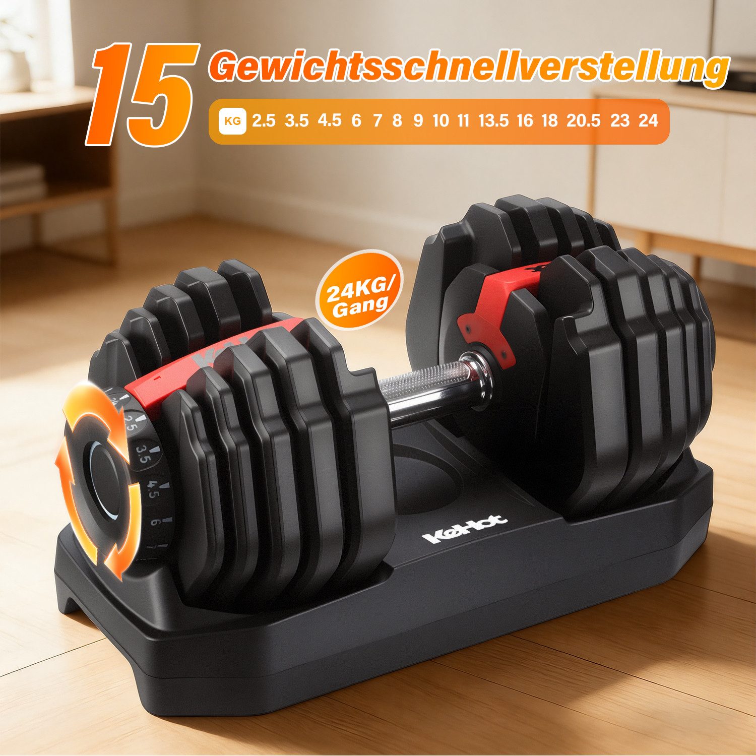 kehot Hantel-Set Verstellbare Hantel 24kg - 15 Gewichtsstufen für Krafttraining, (Kompaktes Kurzhantel-Set mit rutschfestem Griff für Home Gym, Platzsparende Systemhantel mit Siliziumstahl-Kern und Basis), Fitness Hantel für Muskelaufbau Ganzkörpertraining zuhause