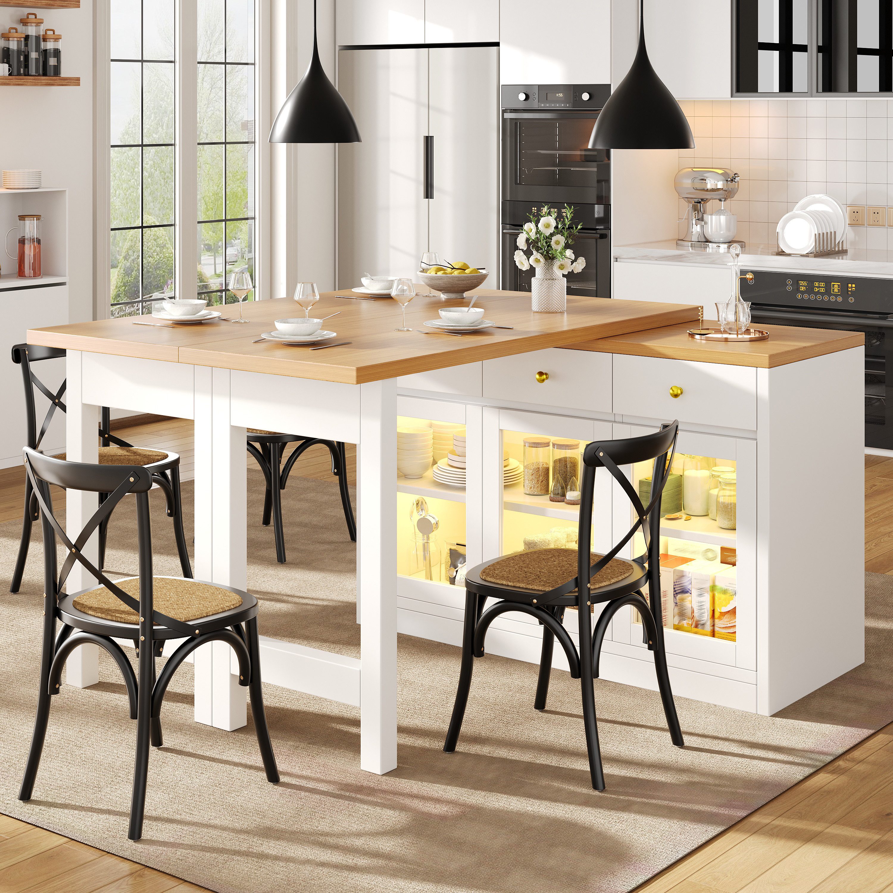 Flieks Kücheninsel Küchenschrank mit 360° drehbarer und klappbarer Arbeitstisch, (Holzoptik Tischplatte Tiefe 40-80cm, Längenverstellbar 120-200cm), ausziehbarer Esstisch & Mehrzweckschrank mit Led-Beleuchtung Weiß