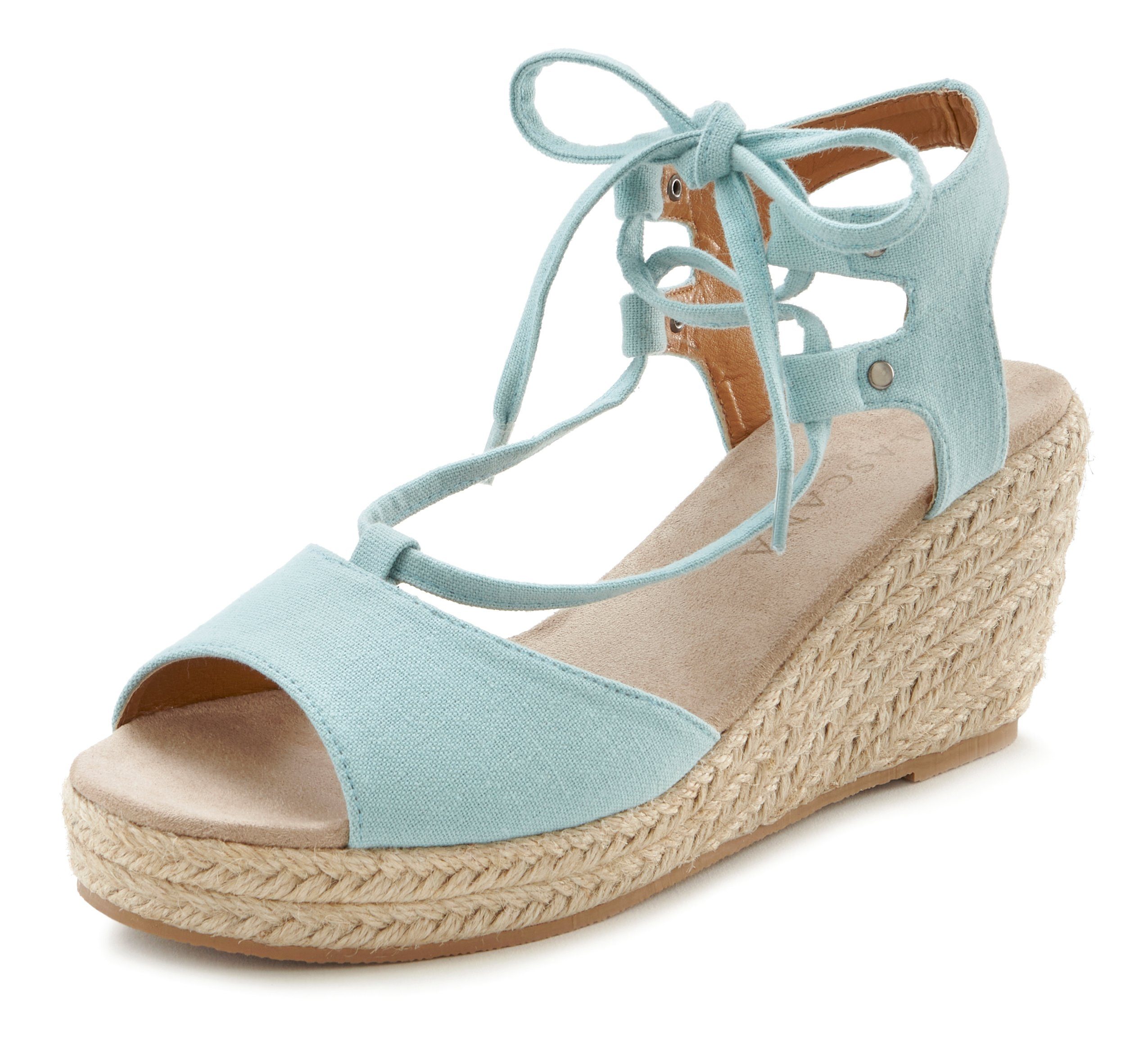 Keilabsatz, Sandale eisblau Bast-Optik LASCANA mit & Schnürung Keilsandalette VEGAN Sandalette,