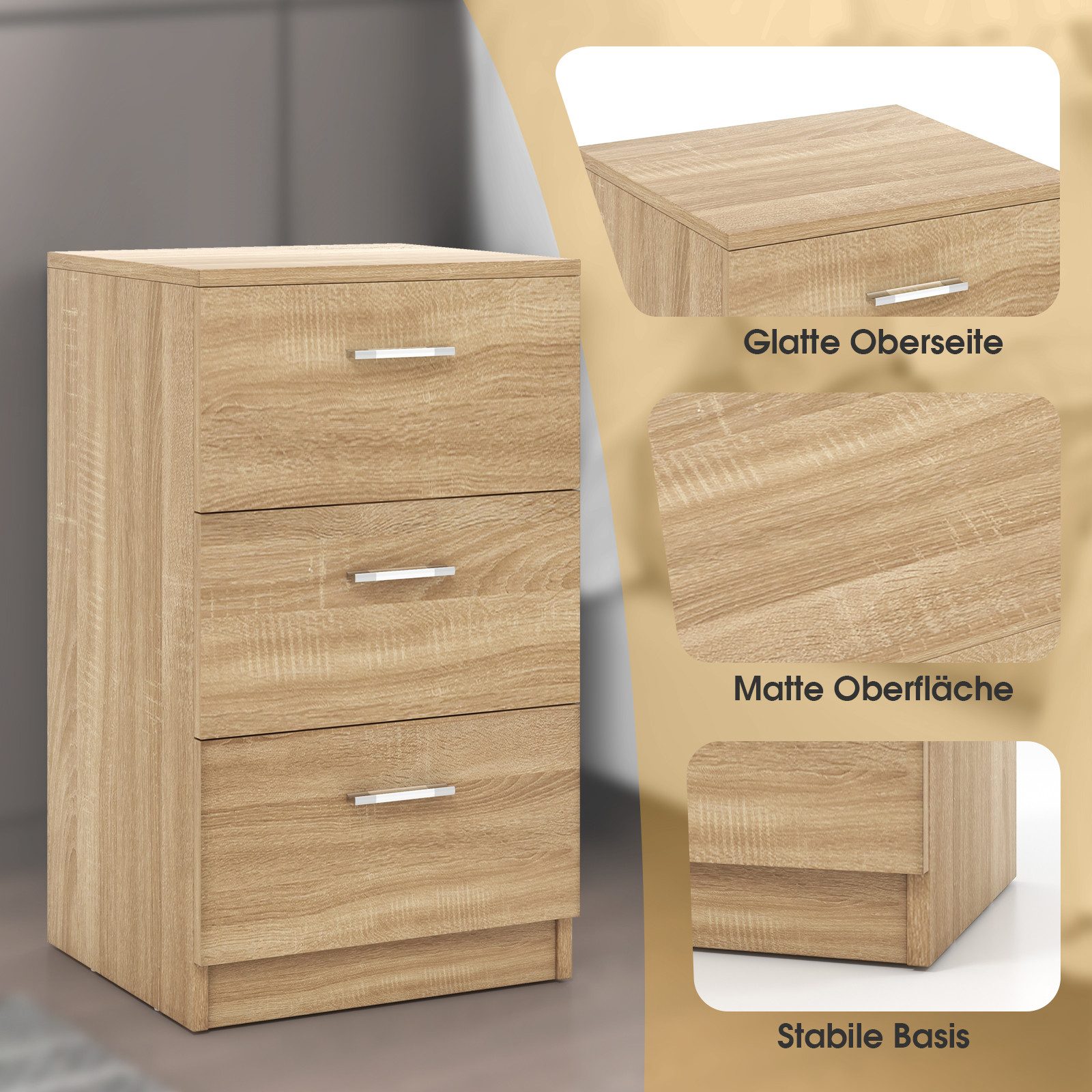COSTWAY Nachttisch Aktenschrank (1-St), mit 3 Schubladen, Holz, 38x35x66cm – Bild 5 von 5