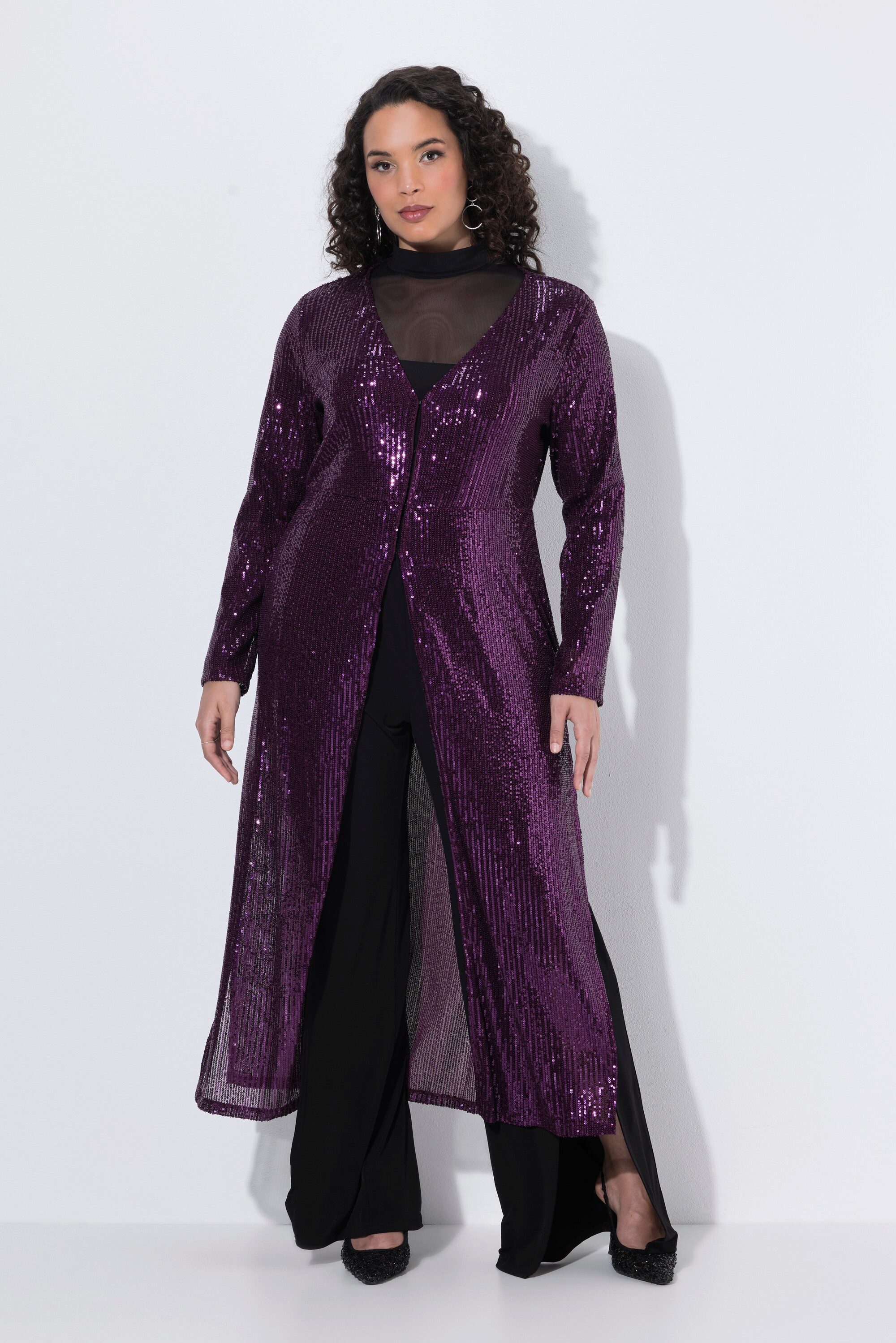 Ulla Popken Sommerjacke Longjacke Pailletten V-Ausschnitt Langarm