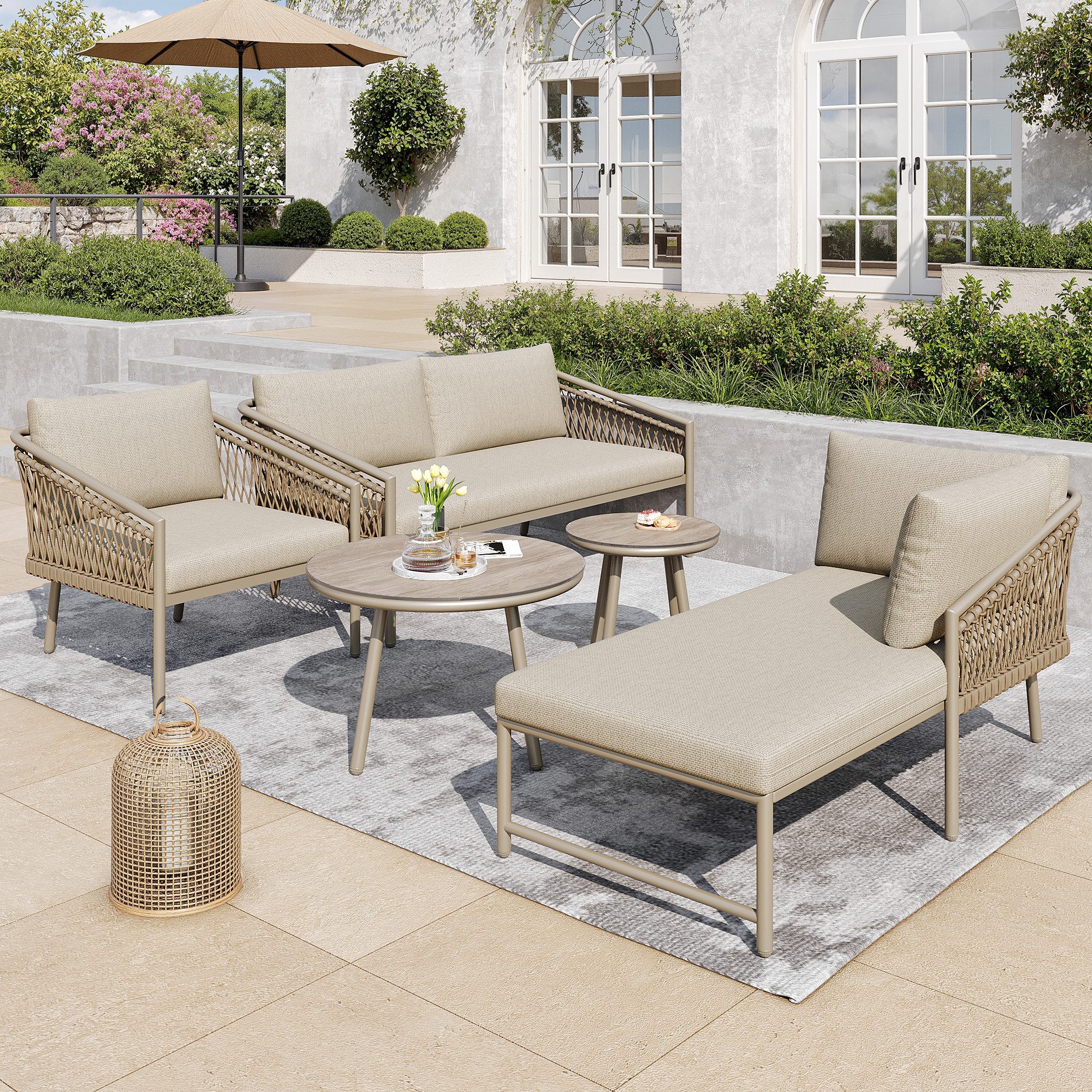 HAUSS SPOLE Sofa Seil Gartenmöbel Set mit allen Sitz- Und Rückenkissen, Balkonset Khaki, Garten Lounge Set aus Handgewebtem Seil – Modernes Outdoor Sofa Set mit 2 Tischen aus gehärtetem Glas, Ergonomischer Sitzkomfort,Perfekt für Terrasse, Balkon, Garten und Familie, mit Relaxfunktion