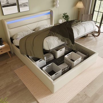 WISHDOR Polsterbett Doppelbett Bett mit LED Beleuchtungsleiste (140x200cm, Hydraulisch Stauraumbett Bettgestell), Funktionsbett, Mit Fernbedienung, ohne Matratze