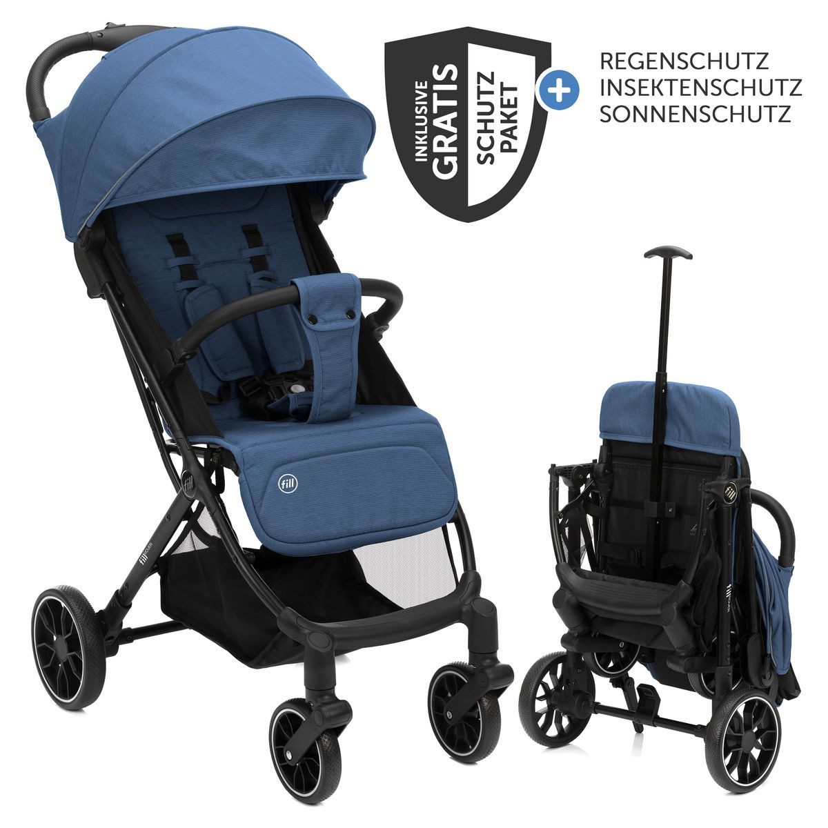 Fillikid Sport-Kinderwagen Fill Rover - Denim, Sportwagen bis 22 kg mit Liegefunktion & Regenschutz nur 6,8 kg