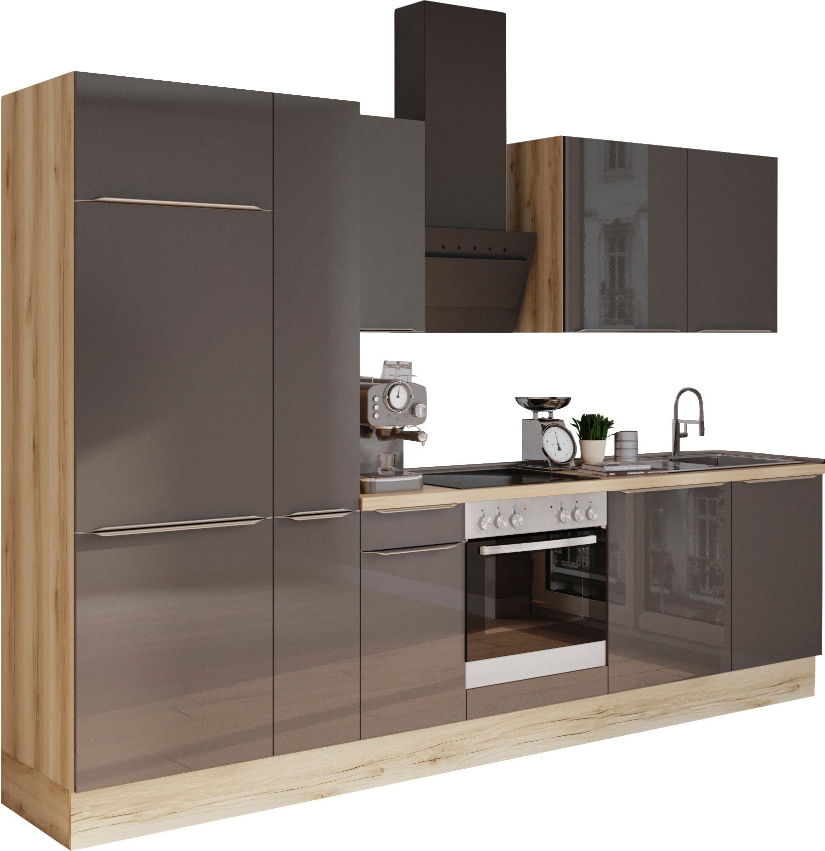 OPTIFIT Küchenzeile Aken, mit E-Geräten, Breite 300 cm, Mit 38 mm starker  Arbeitsplatte | Apothekerschränke