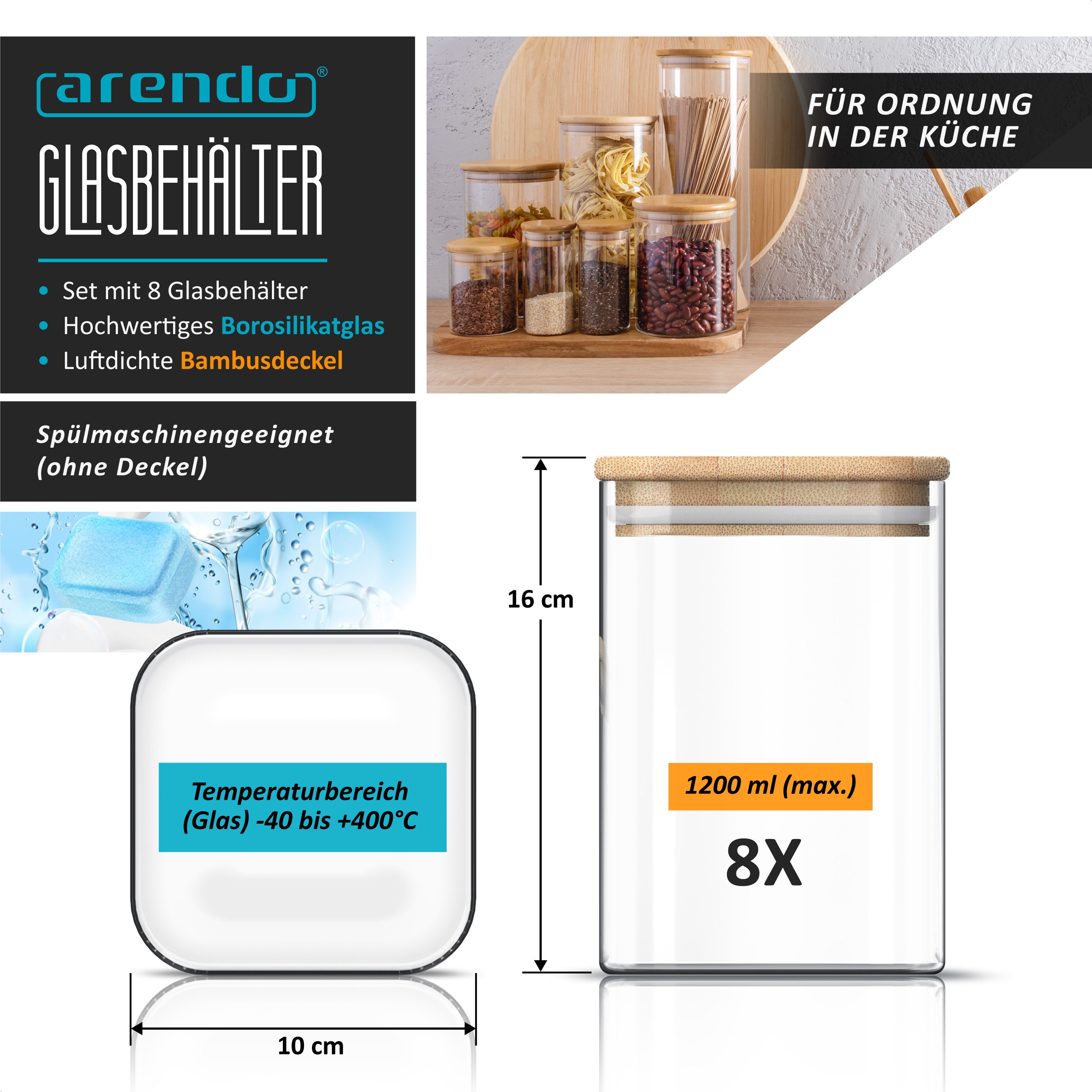 Arendo Aufbewahrungsbecher Glasbehälter-Set 8x 1,2 L Borosilikatglas mit Bambusdeckel, luftdicht, Borosilikatglas; Bambus; Silikon, (Vorratsbehälter-Set, 8-tlg., 8er Set), Hitzebeständig, umweltfreundlich, langlebig, mikrowellengeeignet