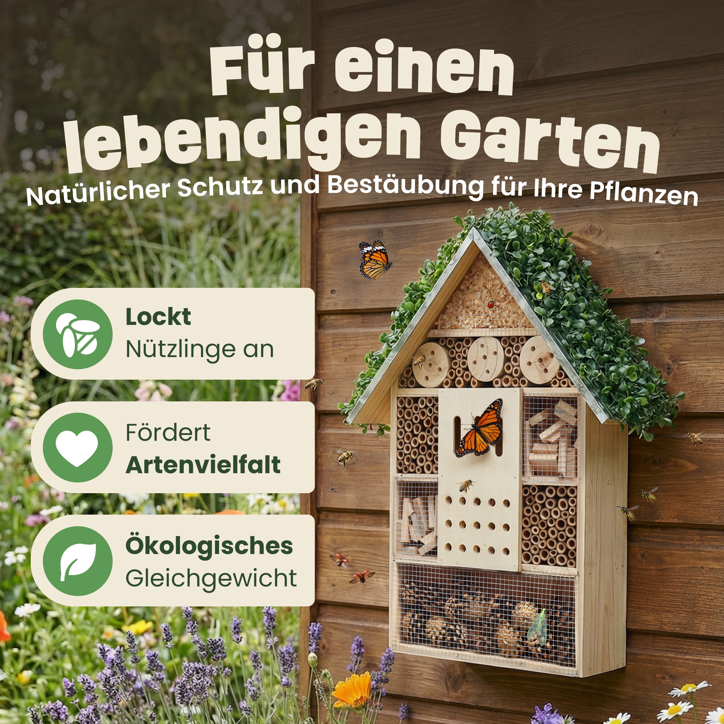 Zooprinz Insektenhotel Insektenhaus zum Aufhängen XXL Vollholz 55x31 cm, Kiefernholz, Bambus, Tannenzapfen, mit Dekoration und Aufhängung