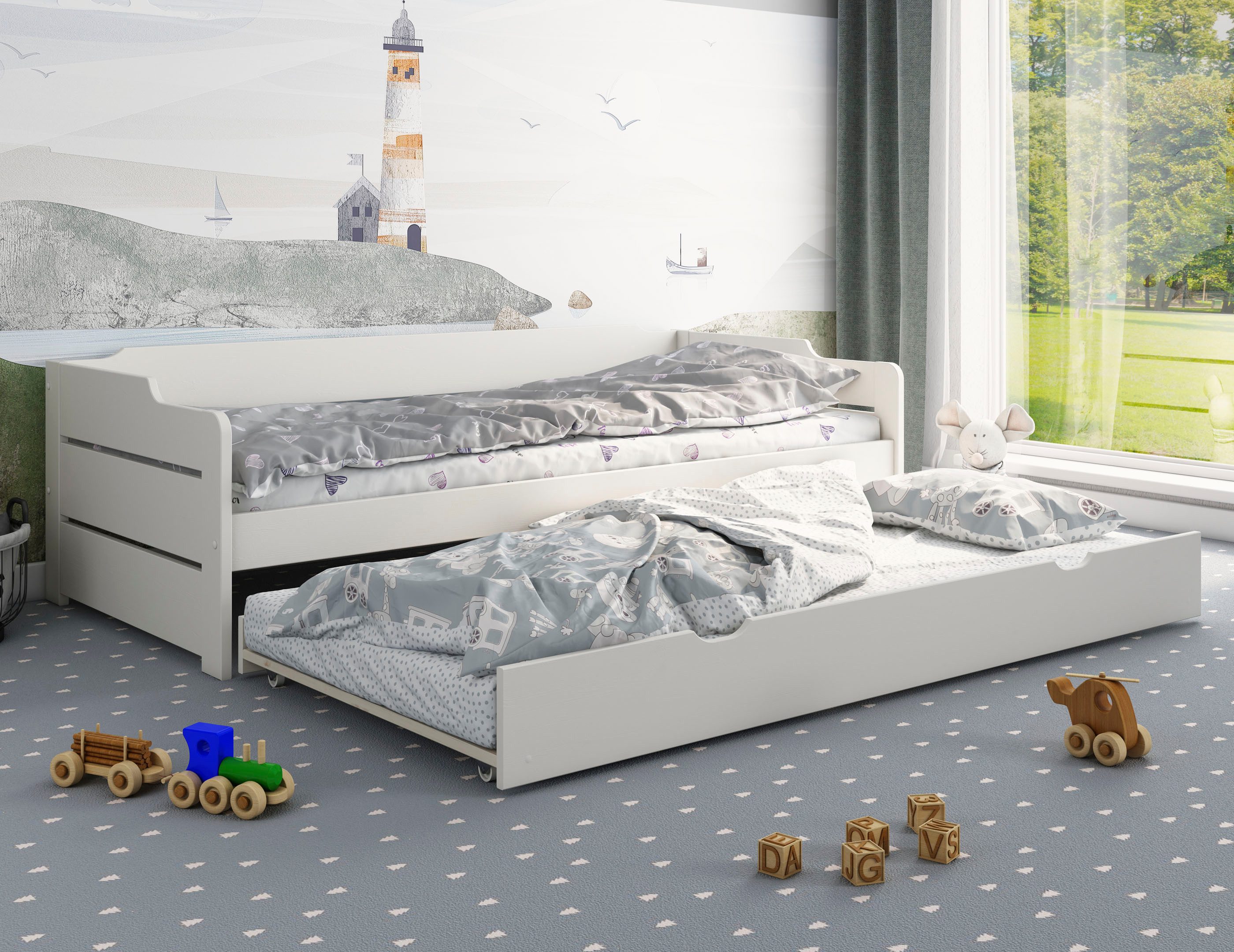 OTTO home Daybett "REETE " Kinderbett, mit Schubkasten, 2 Schlafplätze, FSC® zertifiziertes Massivholz (Kiefer), klassischer Landhausstil