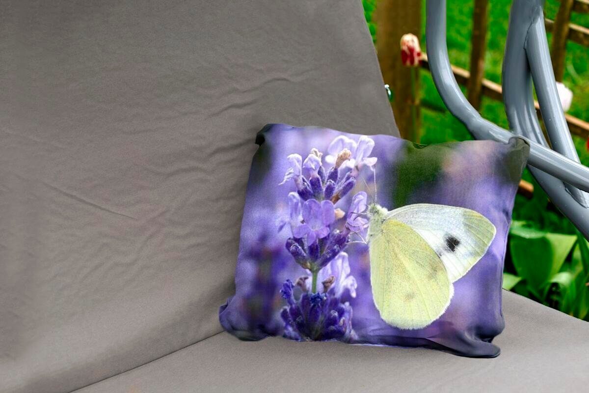 MuchoWow Dekokissen Weißer Schmetterling Polyester, Lavendelnektar, trinkt Kissenhülle Outdoor-Dekorationskissen, Dekokissenbezug