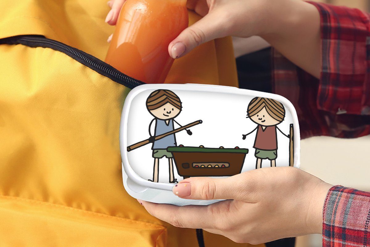 MuchoWow Lunchbox Eine Illustration von weiß Jungs zwei für (2-tlg), Billard für Kunststoff, Brotdose, und und Kinder spielenden Mädchen Kindern, Erwachsene, Brotbox