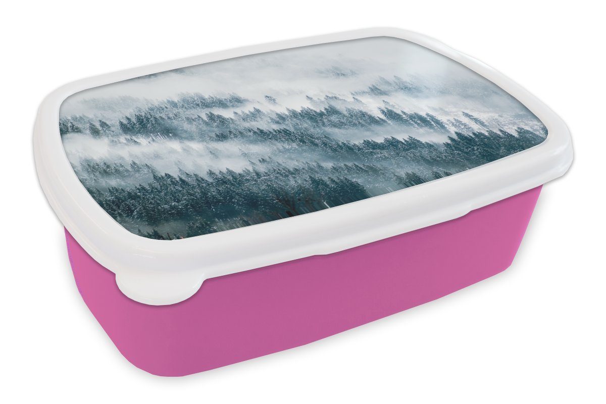 MuchoWow Lunchbox Winter - Nebel - Wald - Schnee - Kiefer, Kunststoff, (2-tlg), Brotbox für Erwachsene, Brotdose Kinder, Snackbox, Mädchen, Kunststoff rosa