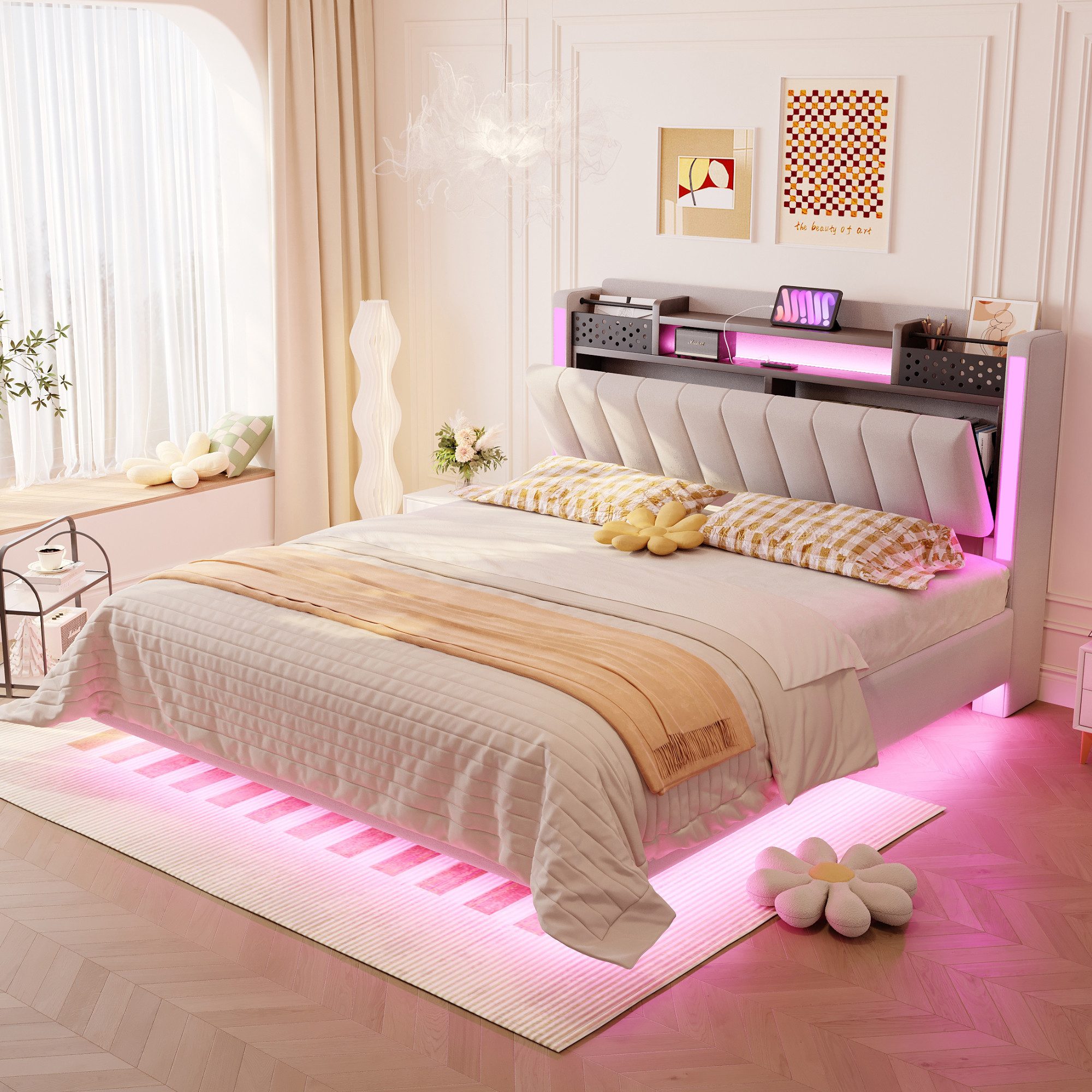 Merax Polsterbett mit LED-Beleuchtung und USB-Ladefunktion (Mehrzweckbett, 1-tlg), Schwebebett Doppelbett 140x200cm mit Kopfteil mit Stauraum,Leinenstoff