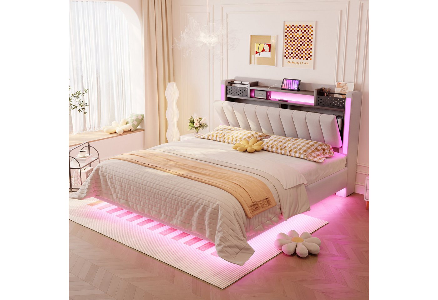 Merax Polsterbett mit LED-Beleuchtung und USB-Ladefunktion (Mehrzweckbett, 1-tlg), Schwebebett Doppelbett 140x200cm mit Kopfteil mit Stauraum,Leinenstoff