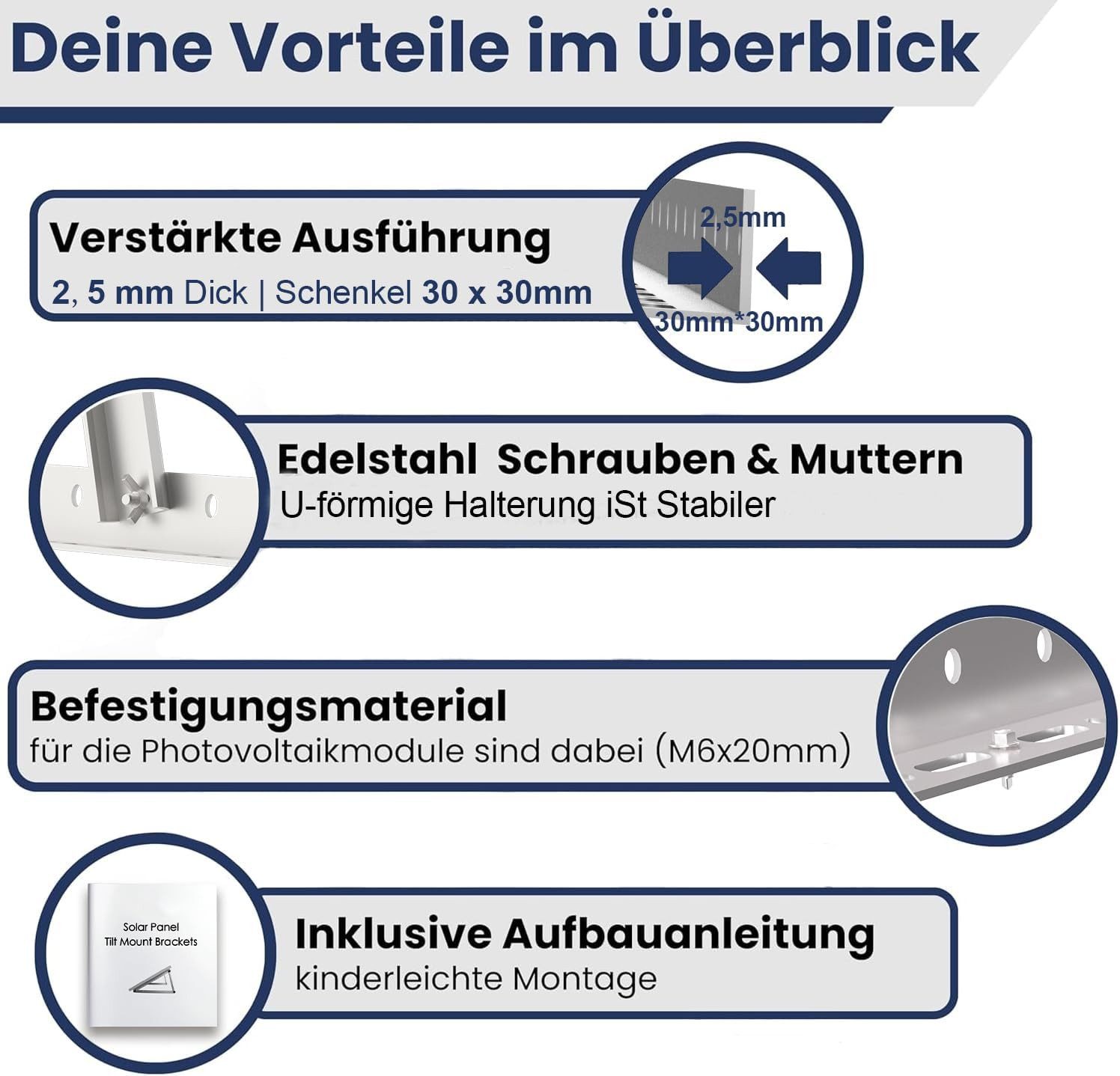 Rhein Beleuchtung Solarmodul Verstellbare Solarmodul-Halterung – 114 cm oder 118 cm, 0 W, Korrosionsbeständige Aluminiumlegierung, (Set, 4-St), 0–90° Neigungswinkel, Aluminiumlegierung, für Module bis 115 cm