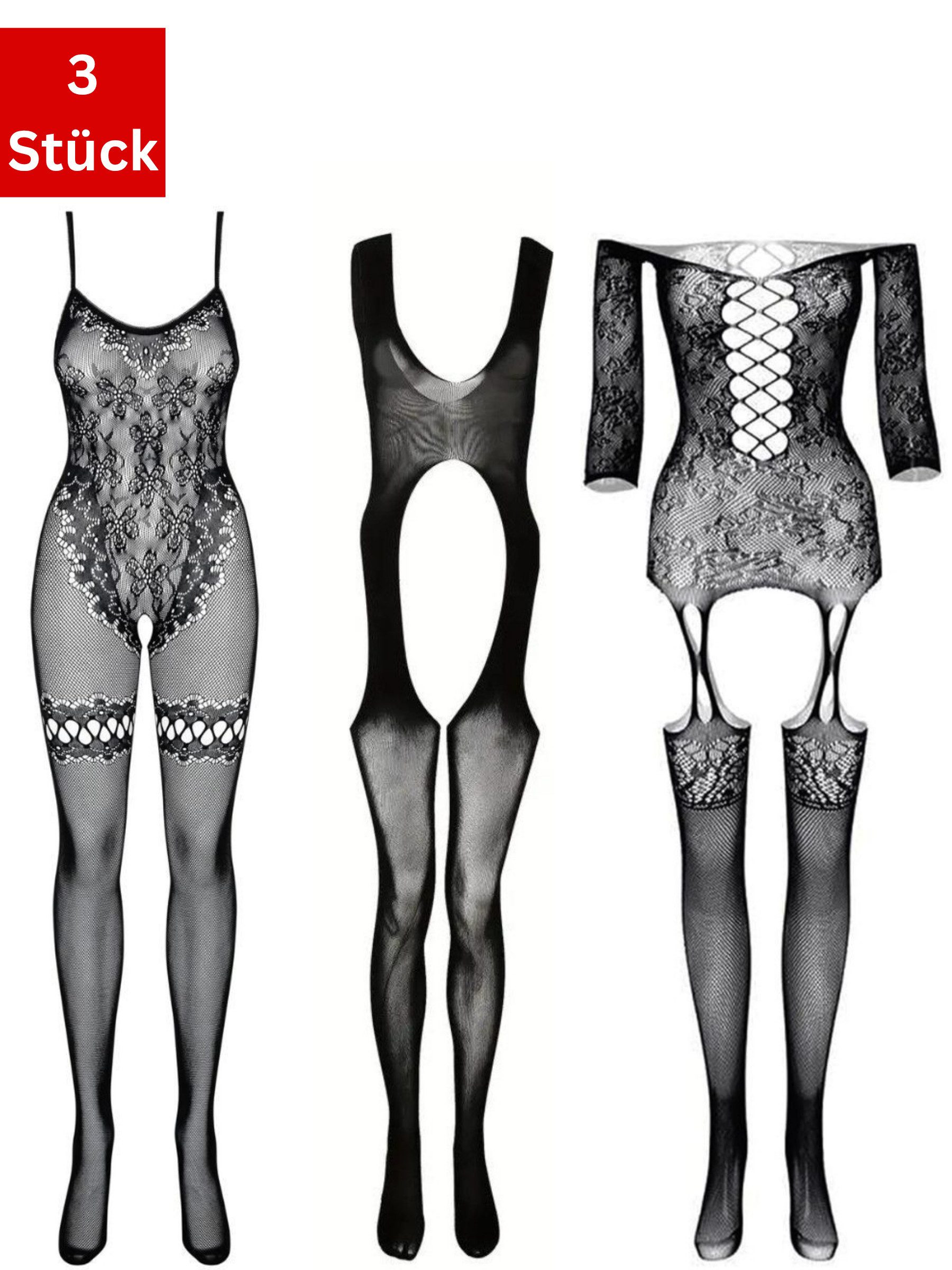 Elegant Love Bodystocking-Ouvert Eleganter Catsuit mit offenem Schritt – Sexy Dessous und Strumpfbody (Packung 3 St. 3er-Pack) Lingerie für Damen – Stilvolle Reizwäsche in Einheitsgröße S–XL