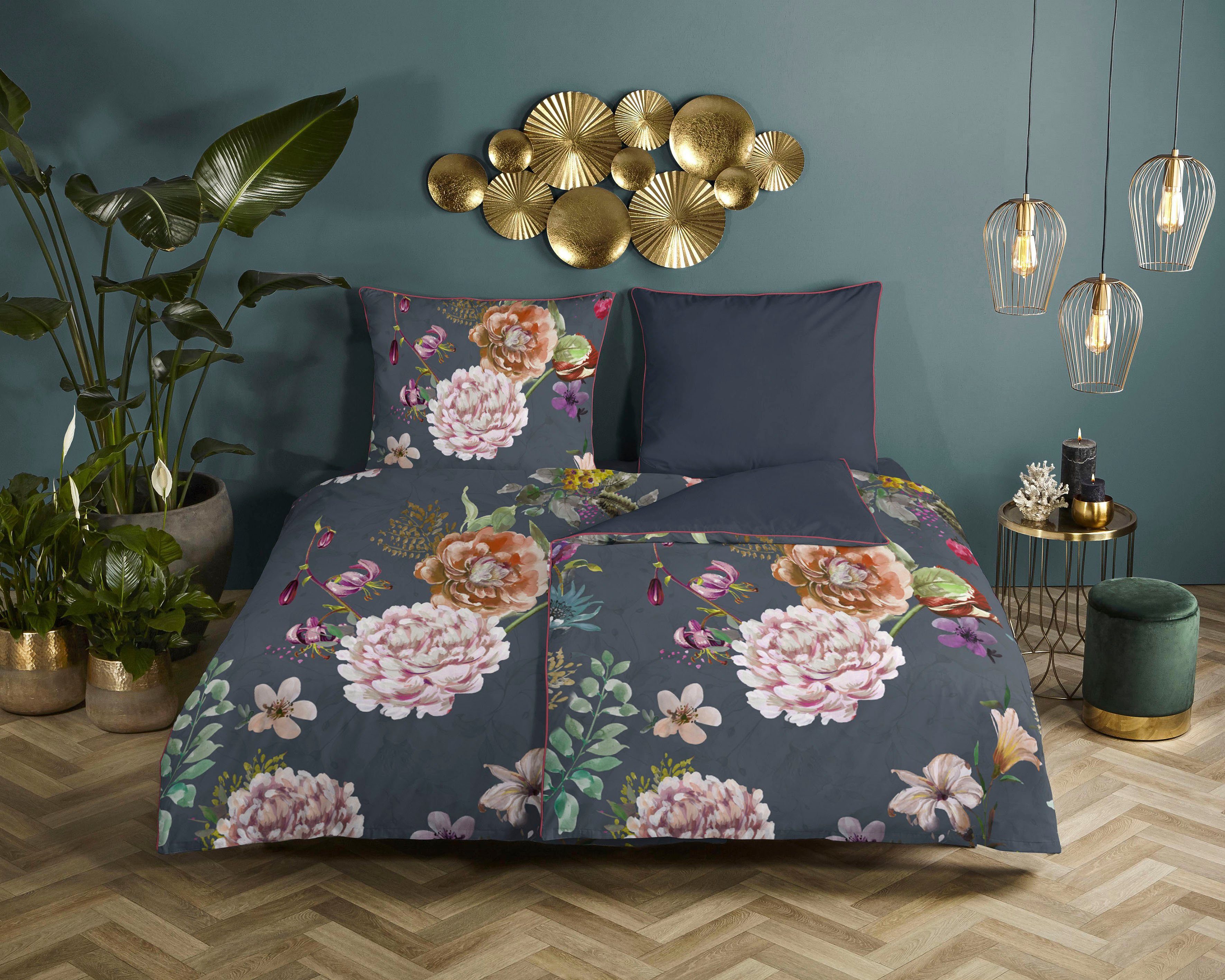 Descanso Wendebettwäsche Parma, Satin (Bio-Baumwolle), 2 teilig, Baumwolle, Satin, 135x200, Biese, Reißverschluss, Wendeoptik, Blumen