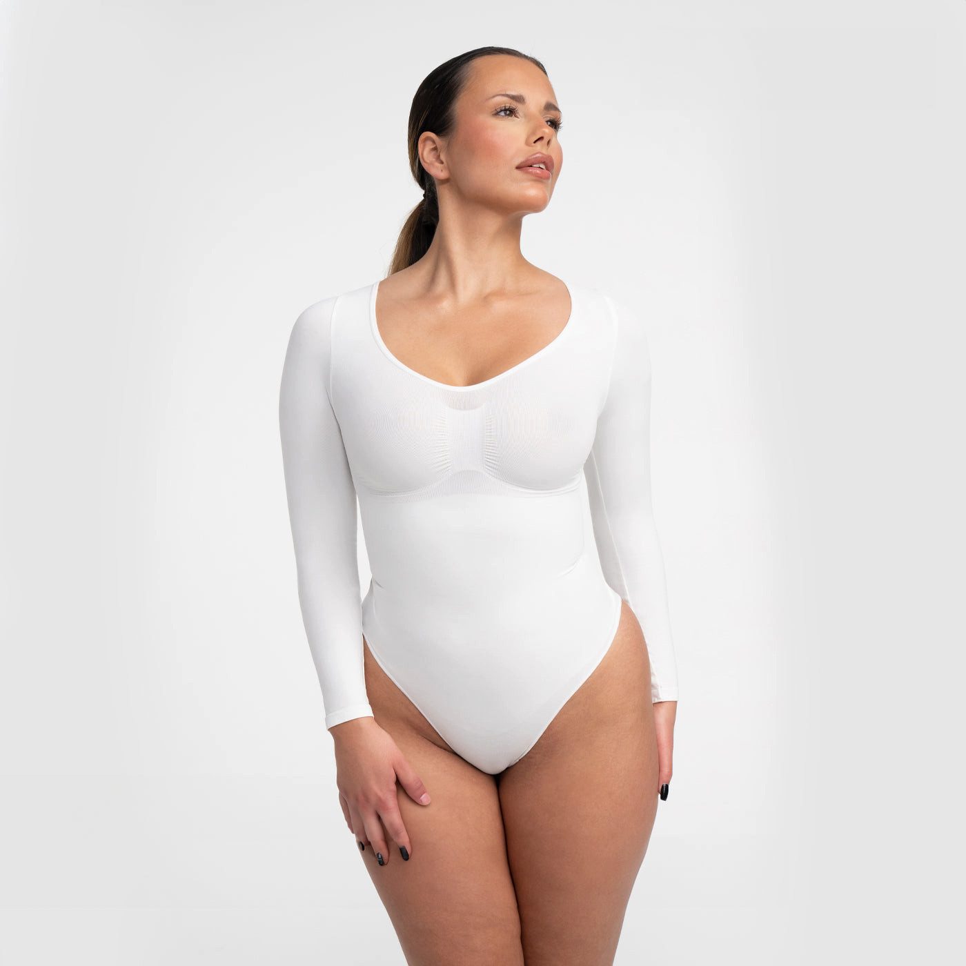 Creamy Fabrics Miederbody Bodysuit Sculpting Shapewear Longsleeve mit Slip-Weiß-4XL (1-tlg) Figurformend