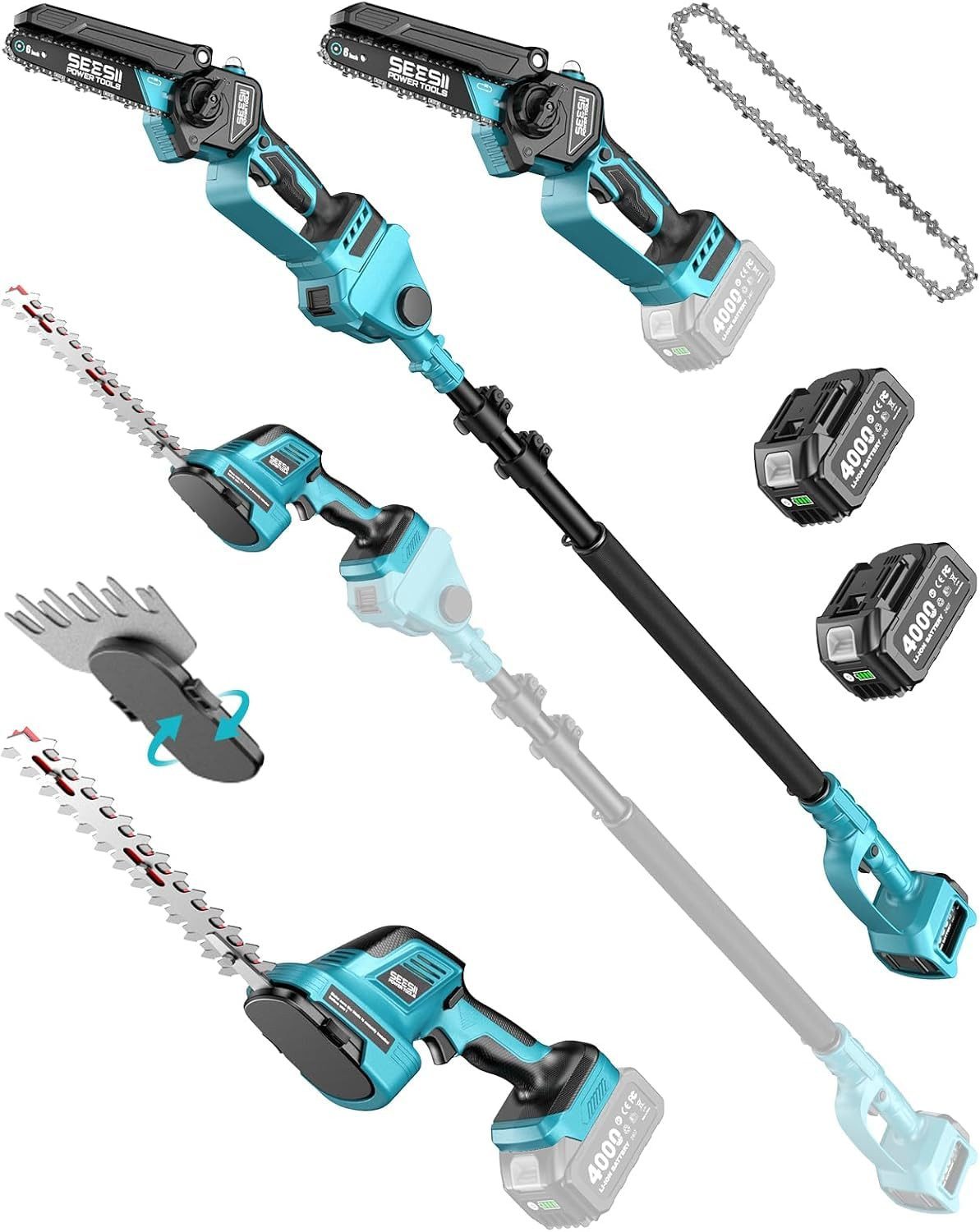 SEESII Akku-Kettensäge 6‑in‑1 Mini & Akku Heckenschere Set, Hochentaster mit 2x4000mAh Akkus, Maximale Reichweite bis 4,57m, für Gartenpflege und Holzfällen
