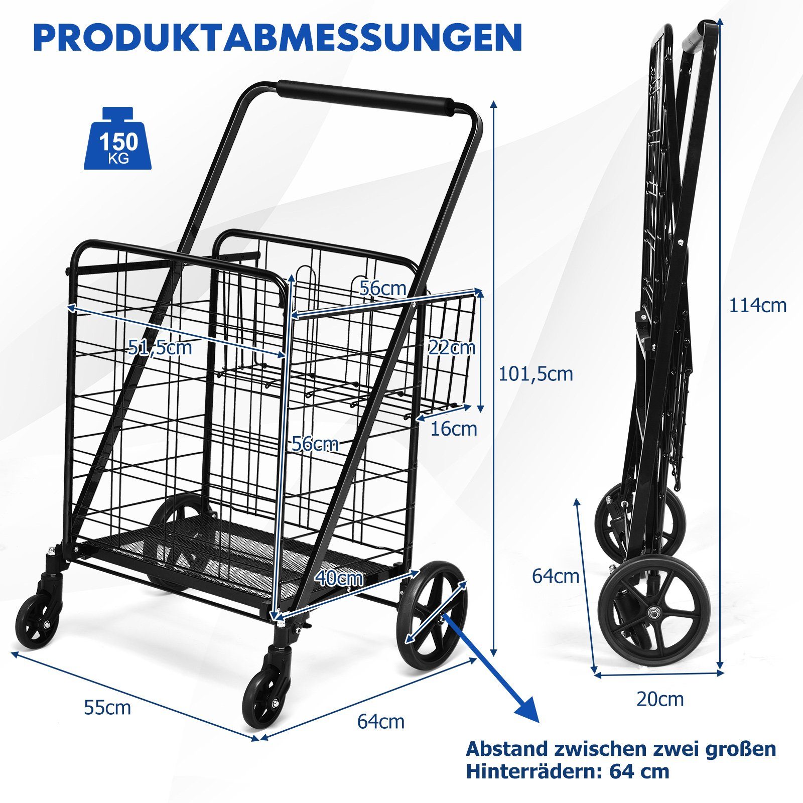 Rädern, Einkaufstrolley, mit COSTWAY 150kg & Doppelkorb drehbaren bis Schwarz 360°